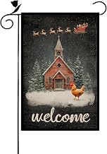 Ice ink Welcome Christmas Chicken Elk Sleigh Church 12x18 Inch Double Sided Linen Small Yard Flag House Flags for Outdoor Home Decoration (6875)