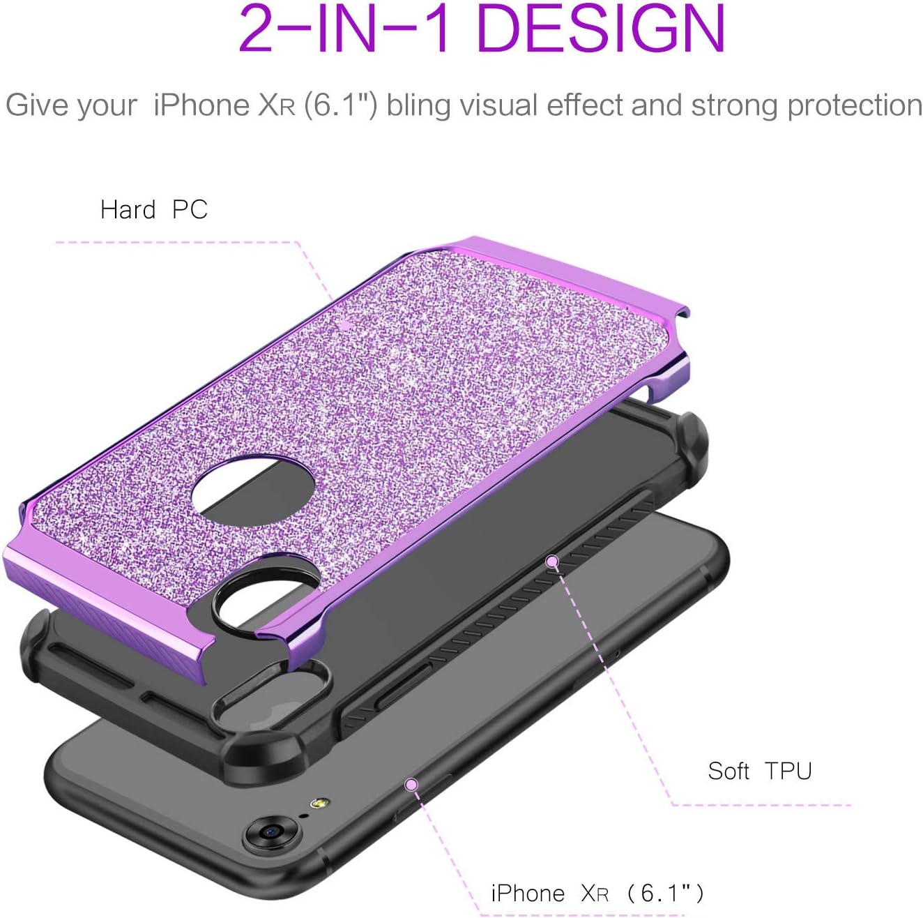 BENTOBEN iPhone XR Case Purple. Glitter Slim Fit 2 in 1 Hybrid Hard PC Back Shockproof Protection Rugged Non Slip Grip Sparkly Shiny Girls Women Protective Phone Cover for iPhone XR 6.1" 2018, Purple