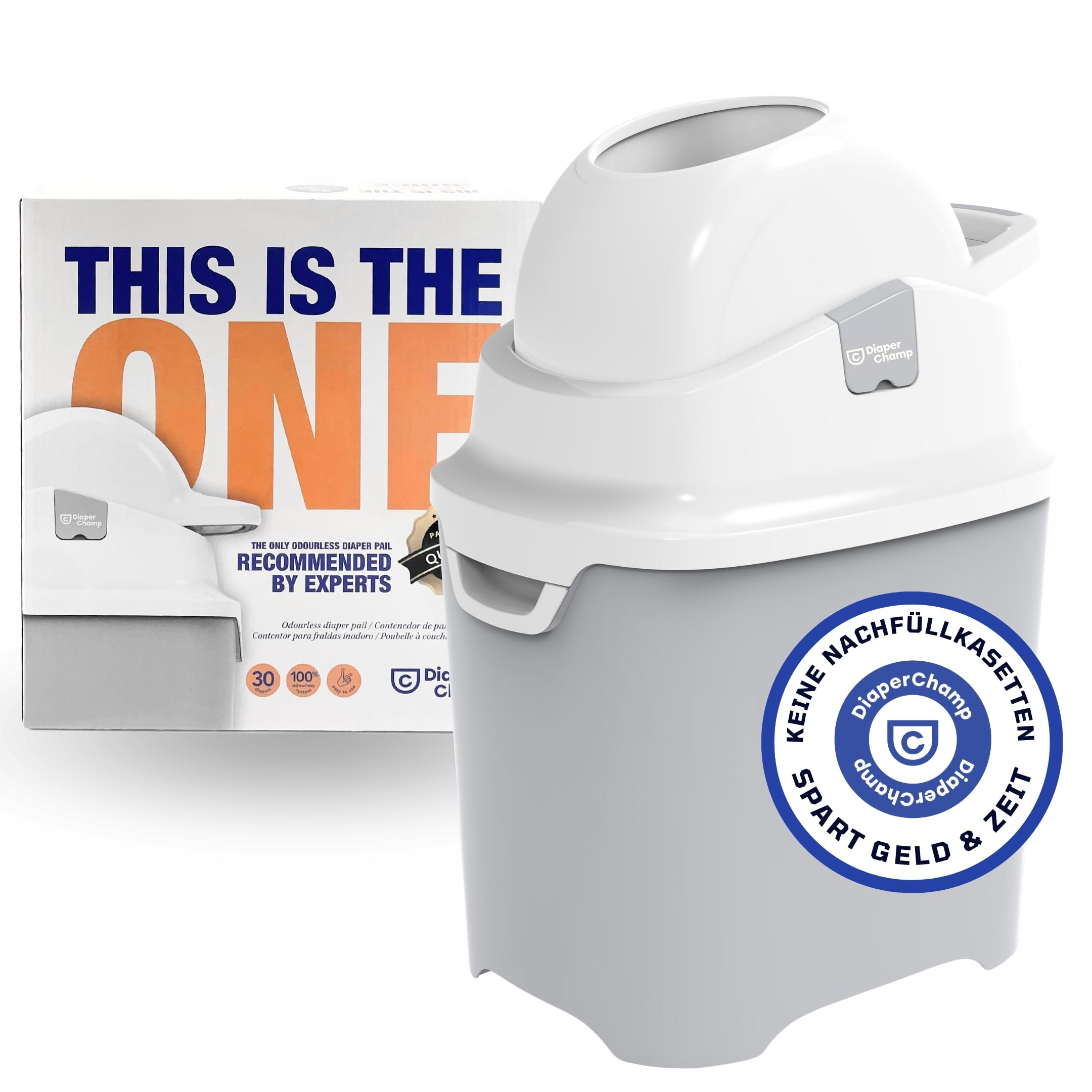 Geruchsdichter Windeleimer Diaper Champ ONE Windelbehälter funktioniert mit normalen Tüten Müllbeutel - Mülleimer ohne Nachfüllkassetten - +/- 30 Windeln - einfache Einhandbedienung - silber/weiß