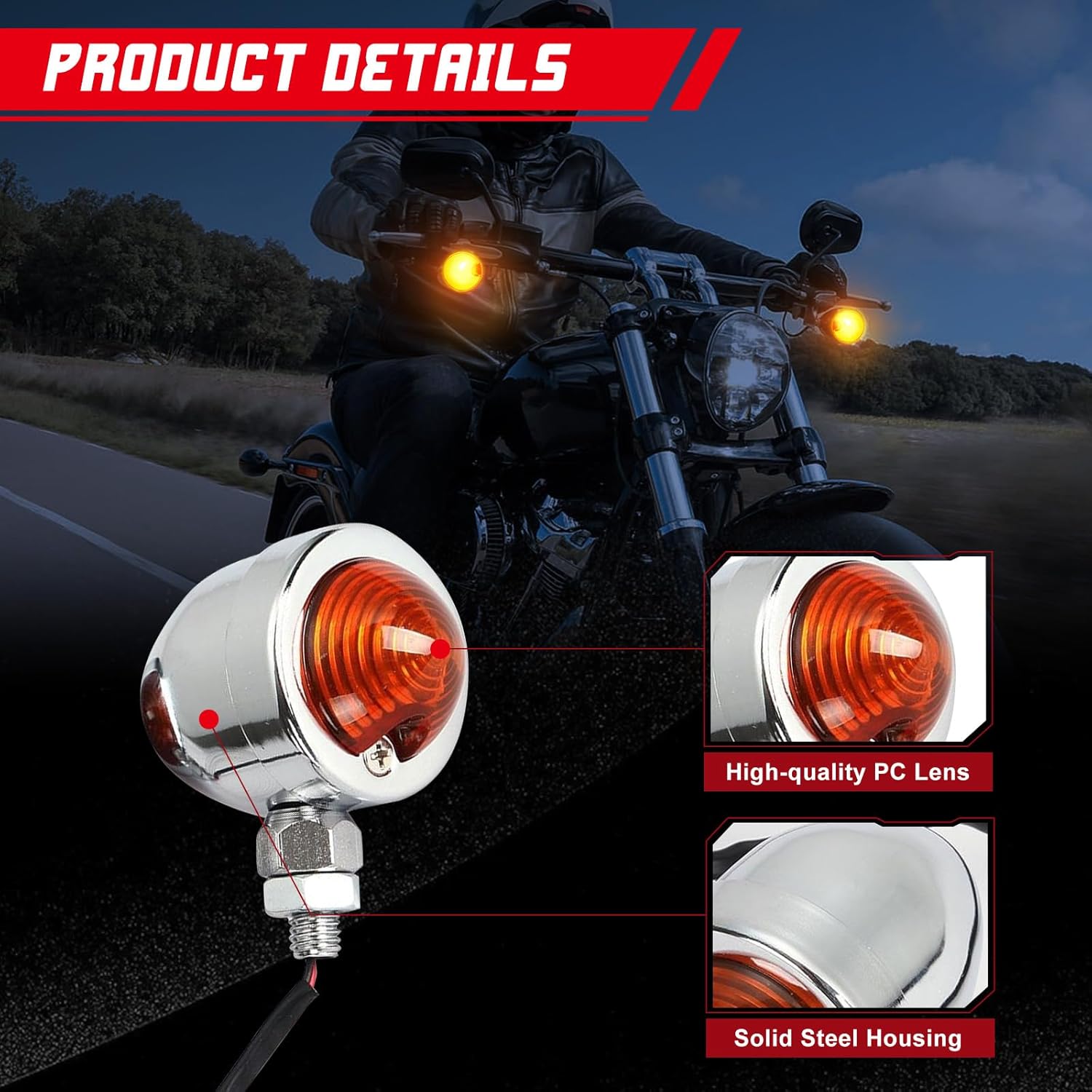 INNOGLOW Motorcycle Turn Signal Lights for Harley Kawasaki Suzuki Yamaha Custom Bike Cruiser Bobber Chrome Amber Bullet Shape 12V