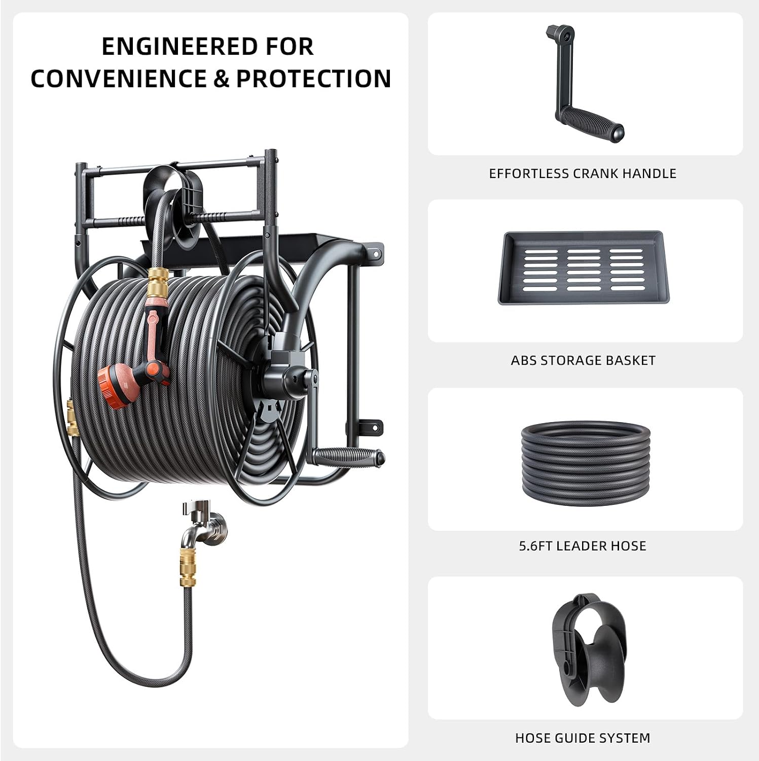 2026 Upgrade Wall Mounted Garden Hose Reel Holds 150 ft 5/8" or 230 ft 1/2" Hose Storage, All Steel Heavy Duty Water Hose Holder with 5.5 ft Leader Hose & Brass Fitting, Storage Basket without Hose