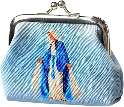 Rosary Pouch Catholic Virgin Mary Family Pattern Kiss Lock Coin Case Bead Holder Religious Jewelry Storage Box for Necklace Rosary Beads, Blue Virgin Mary