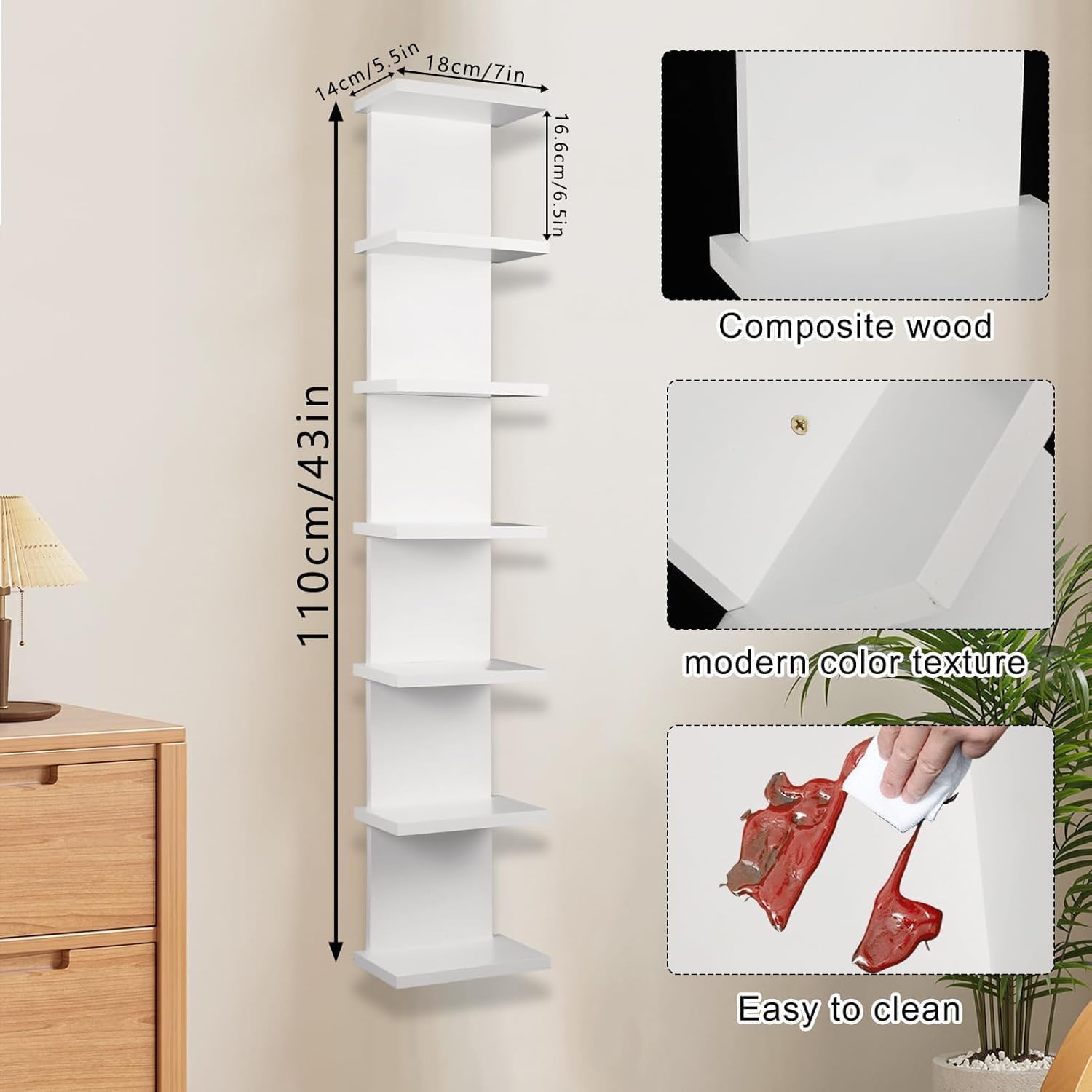 2 Pack 7 Tier Wall Shelf Unit, 43" Lack Floating Shelf | Wall Vertical Column Design,Compact Display Floating Shelf | Space Saving Organizer for Bedroom, Living Room, White Home Decor