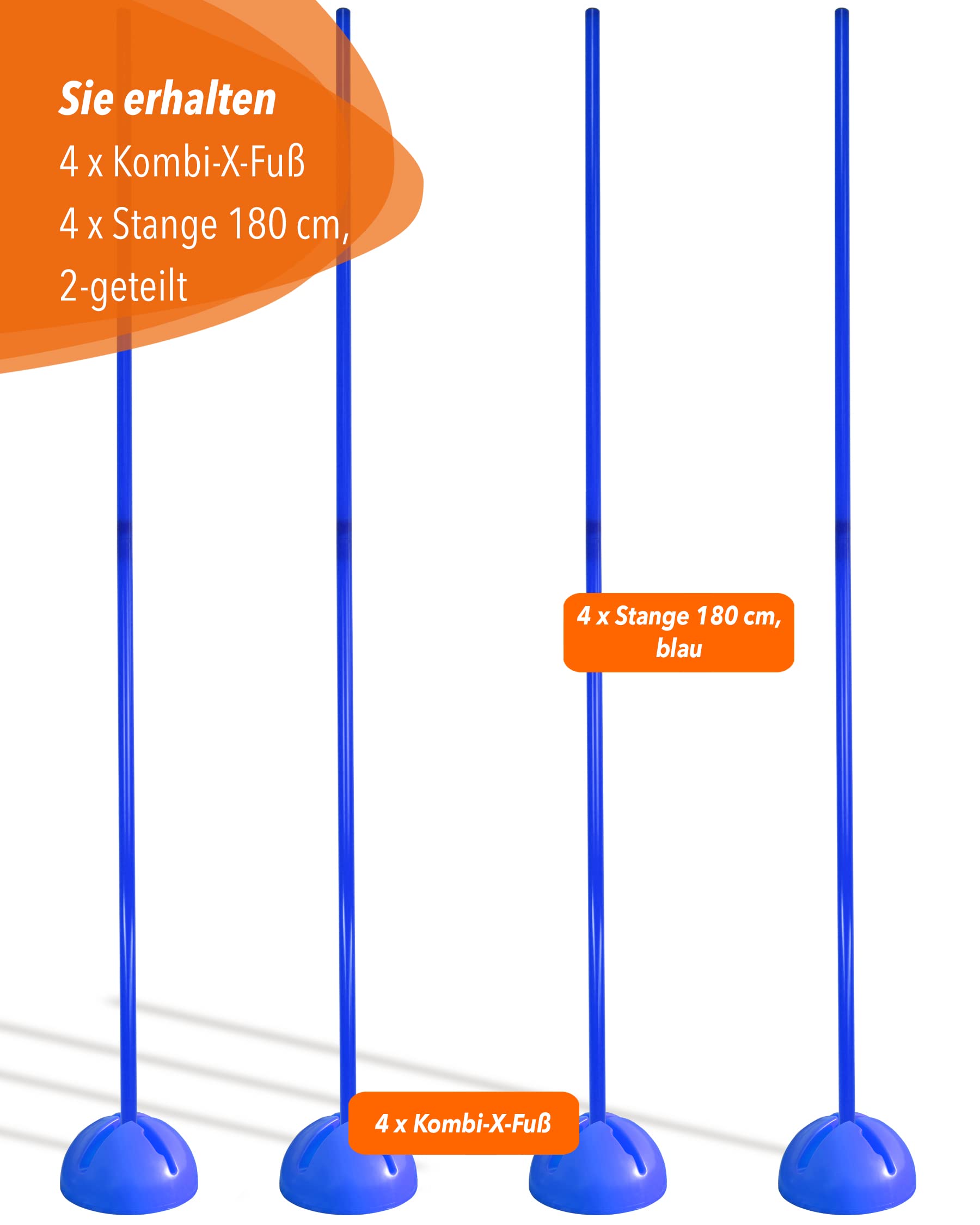 Supporto combinato X in plastica & asta slalom 180 cm – Set di 4 pezzi – Base riempibile – Asta per slalom & allenamento coordinazione – per calcio & sport cani – Slalom Set