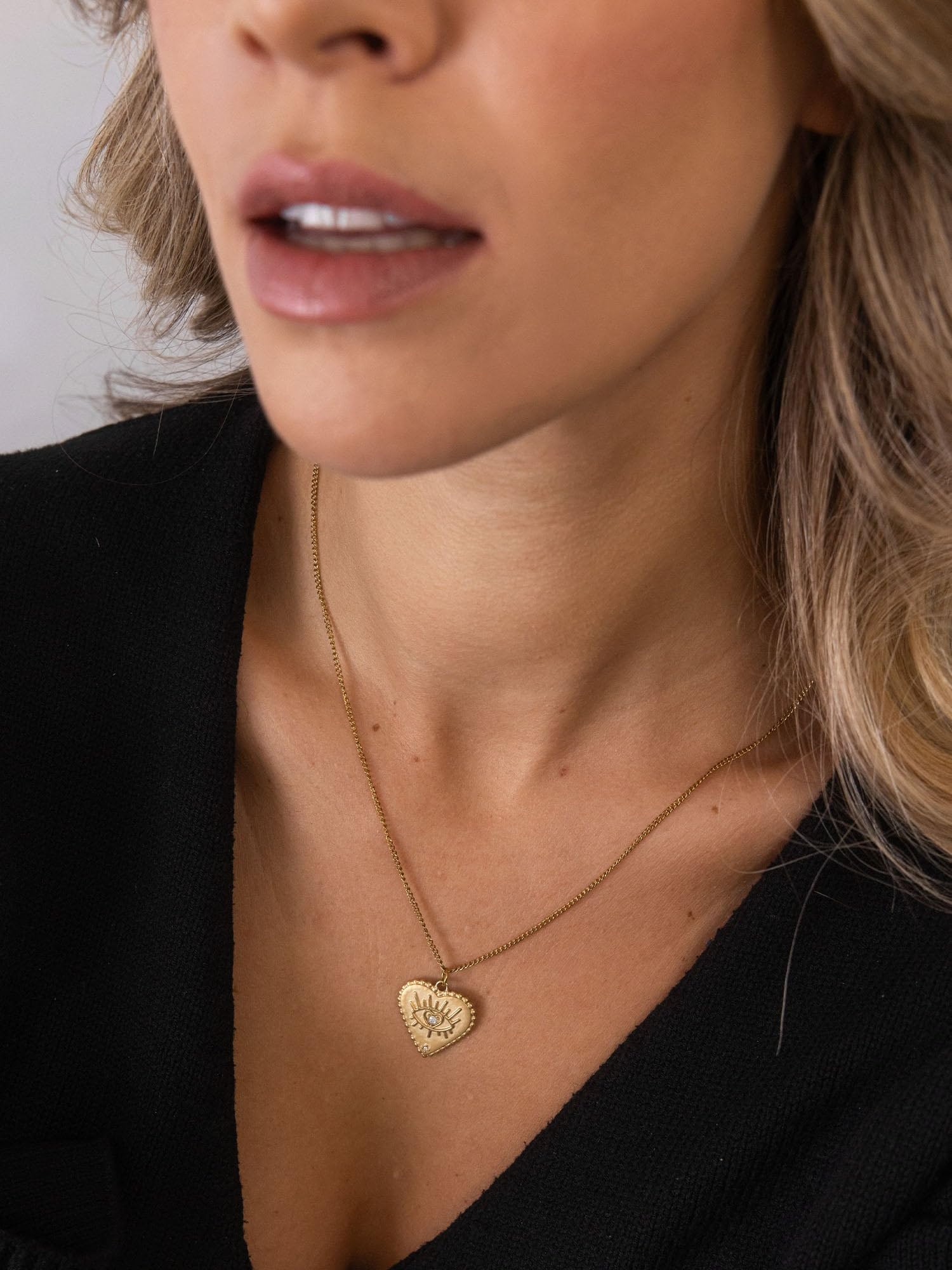 Purelei Collana a forma di cuore con occhio, in acciaio inox placcato oro 18 carati, oro rosa/argento, pietra preziosa con zirconi, regolabile 50-55 cm, collana da donna con ciondolo a forma di cuore