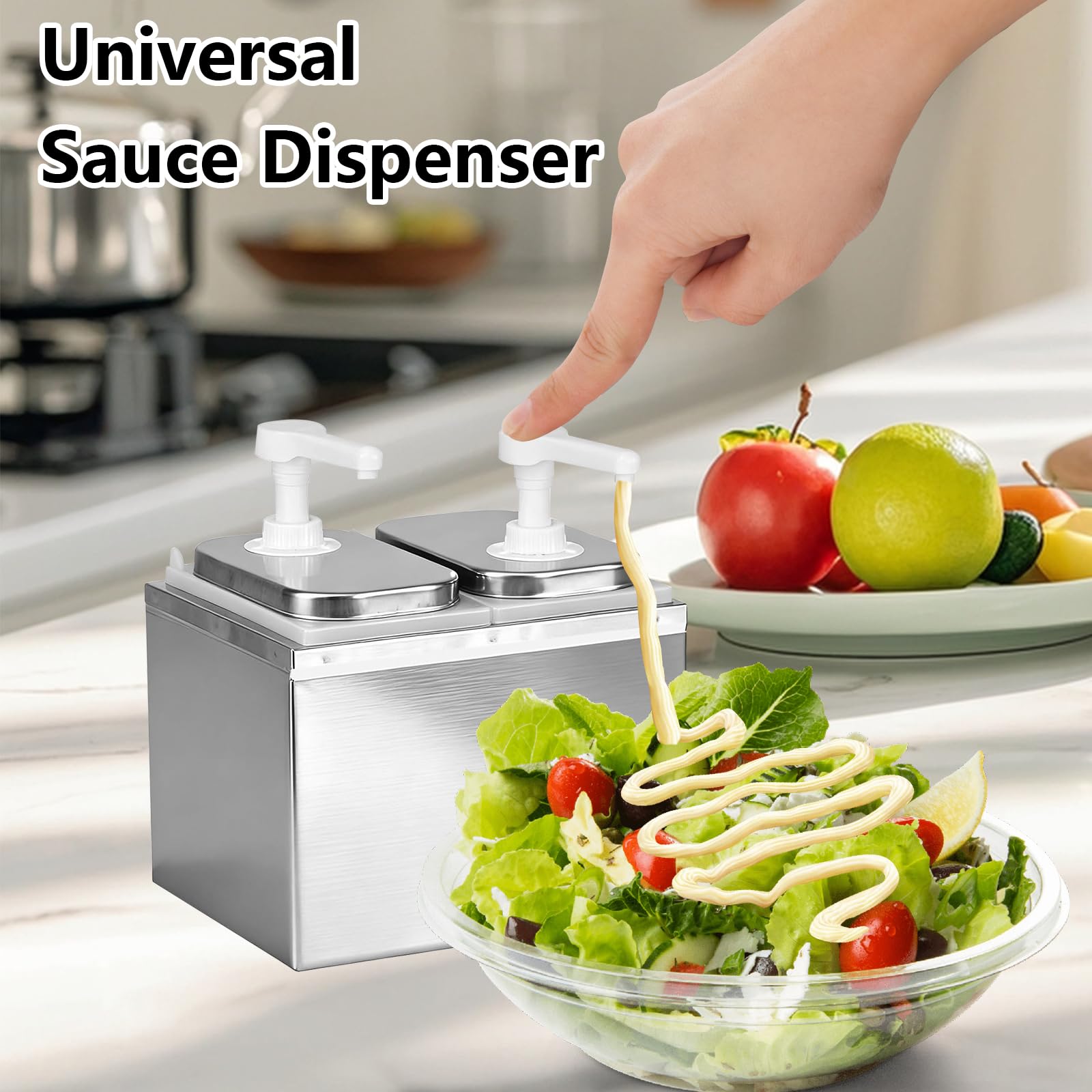 4L Saucenspender Pumpstation, Edelstahl 304 Ketchup Spender 2 x 2L Gastro Soßenspender Lebensmittelecht, Fördermenge 20ml pro Hub, für Ketchup Senf Saucen mit Partikeln bis 0,4cm Spülmaschinenfest