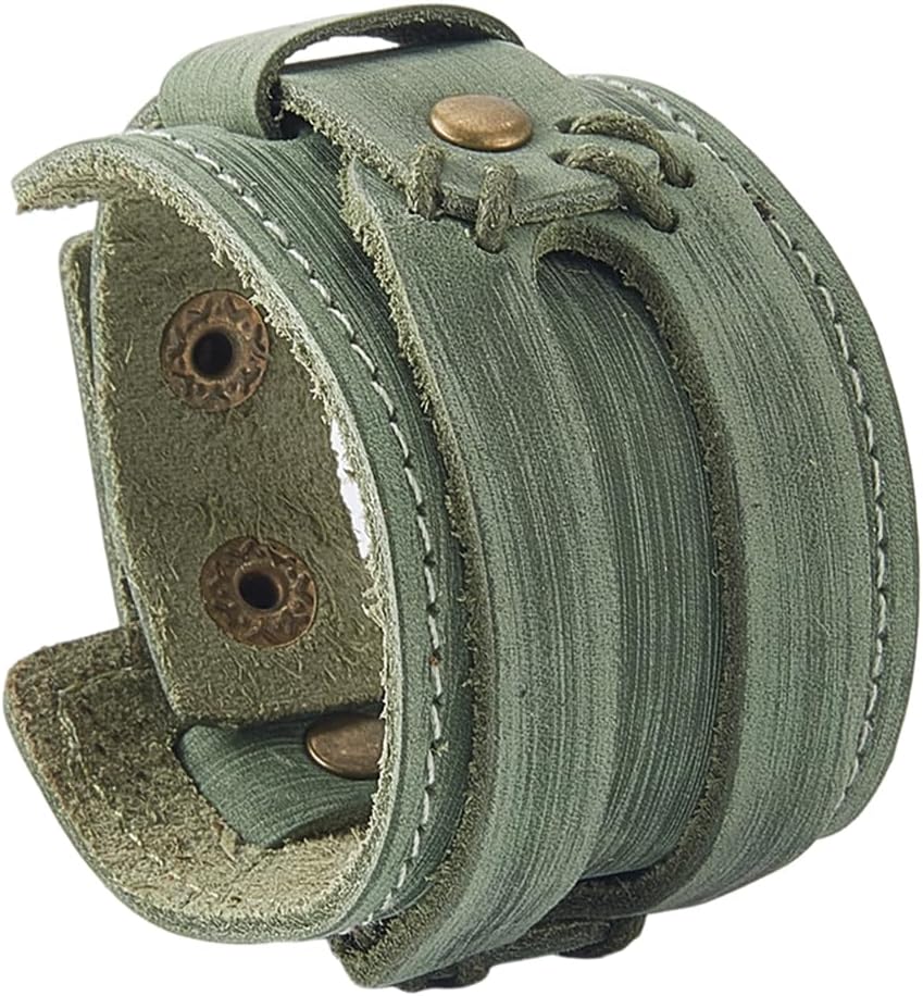 GORGECRAFT Green Wrist Cuff Bracelet Punk Genuine Leather Wristbands Men's Cowhide Leather Band Nordic Gothic Biker Adjustable Viking Wide Wrist Cord Bracelets Jewelry Bangle Costume for Women Men