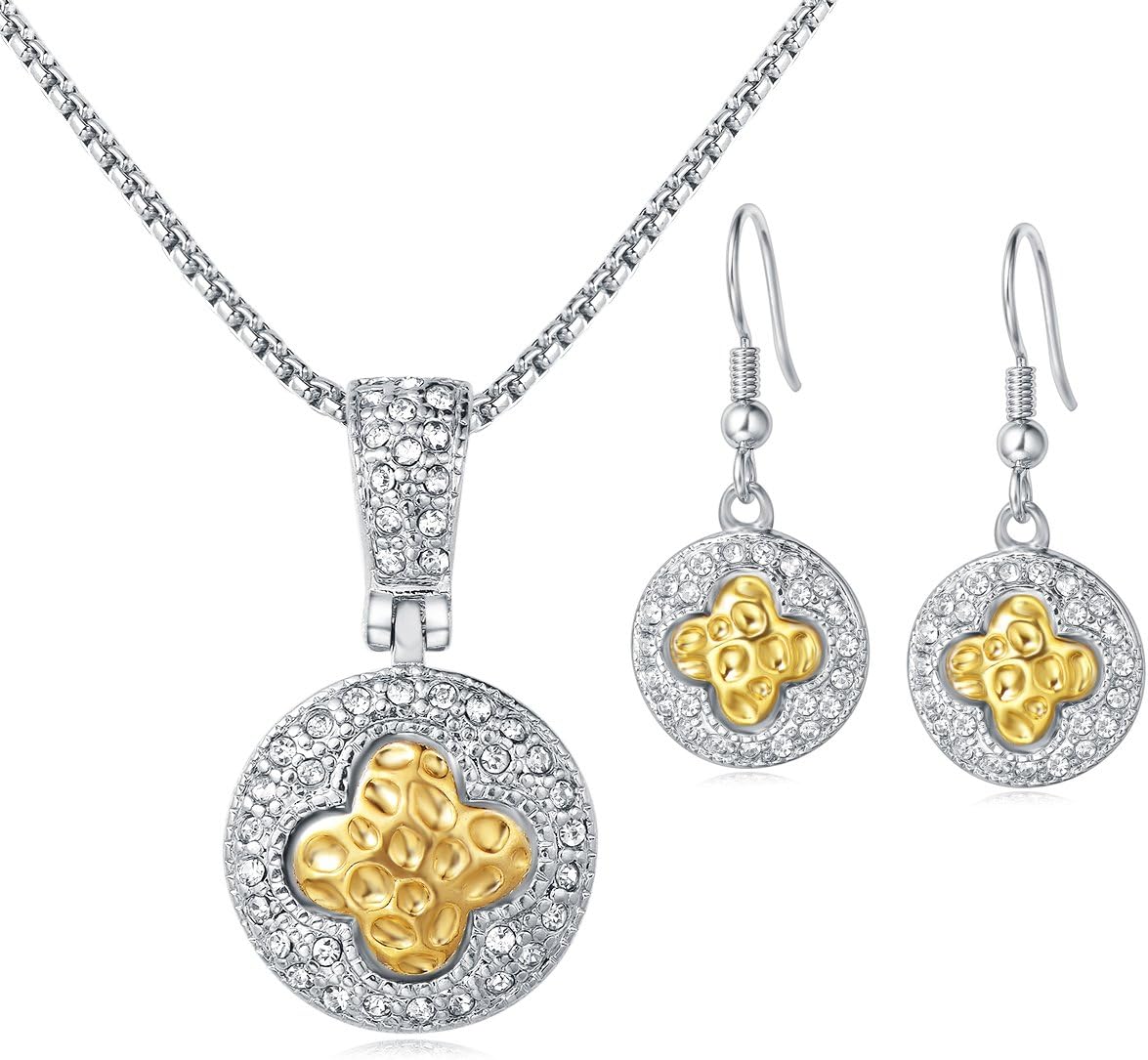 UNY Classic 2 Tone Plated Clover Unique Design Crystal Earring and Pendant Necklace Hardy Fashion Jewelry Set