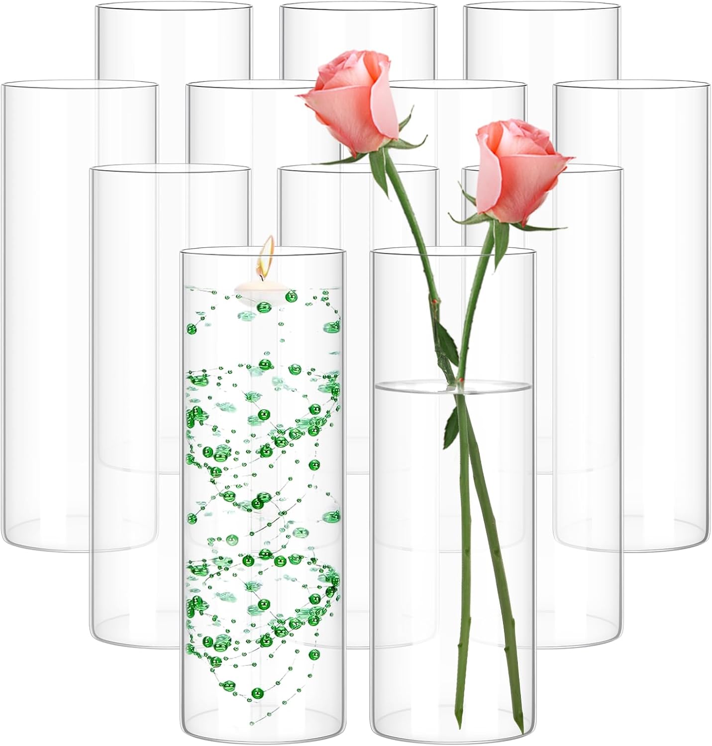 12 Pack Glass Cylinder Vases 10 Inch Tall Clear Flower Vase for Centerpieces, Hurricane Floating Candle Holder Wedding Decorations, Floral Vase Bulk for Table Shelf Party Home Deco (10 x 3.35 Inch) 12 Pack 3.35" W x 10" H