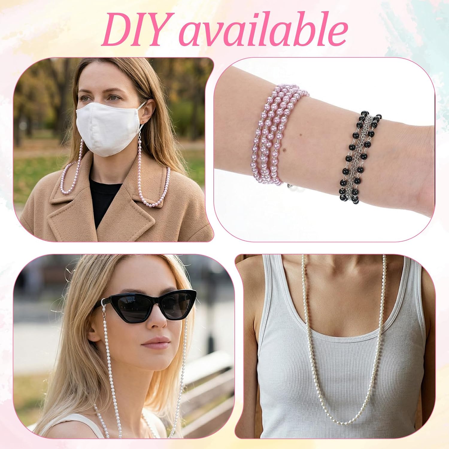 Amaxiu 4 Pcs Eyeglass Chains for Women, Pearl Glasses Chain for Women Eyeglass Face Mask Chains Adjustable Anti-Slip Beaded Eyeglass Straps Lanyard for Reading Sunglasses