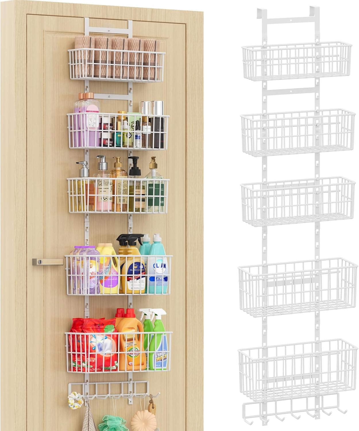 Over The Door Organizer, Hanging Door Organizer with 5 Metal Baskets, Behind The Door Storage for Pantry Closet Bedroom Bathroom Cabinet Kitchen, White
