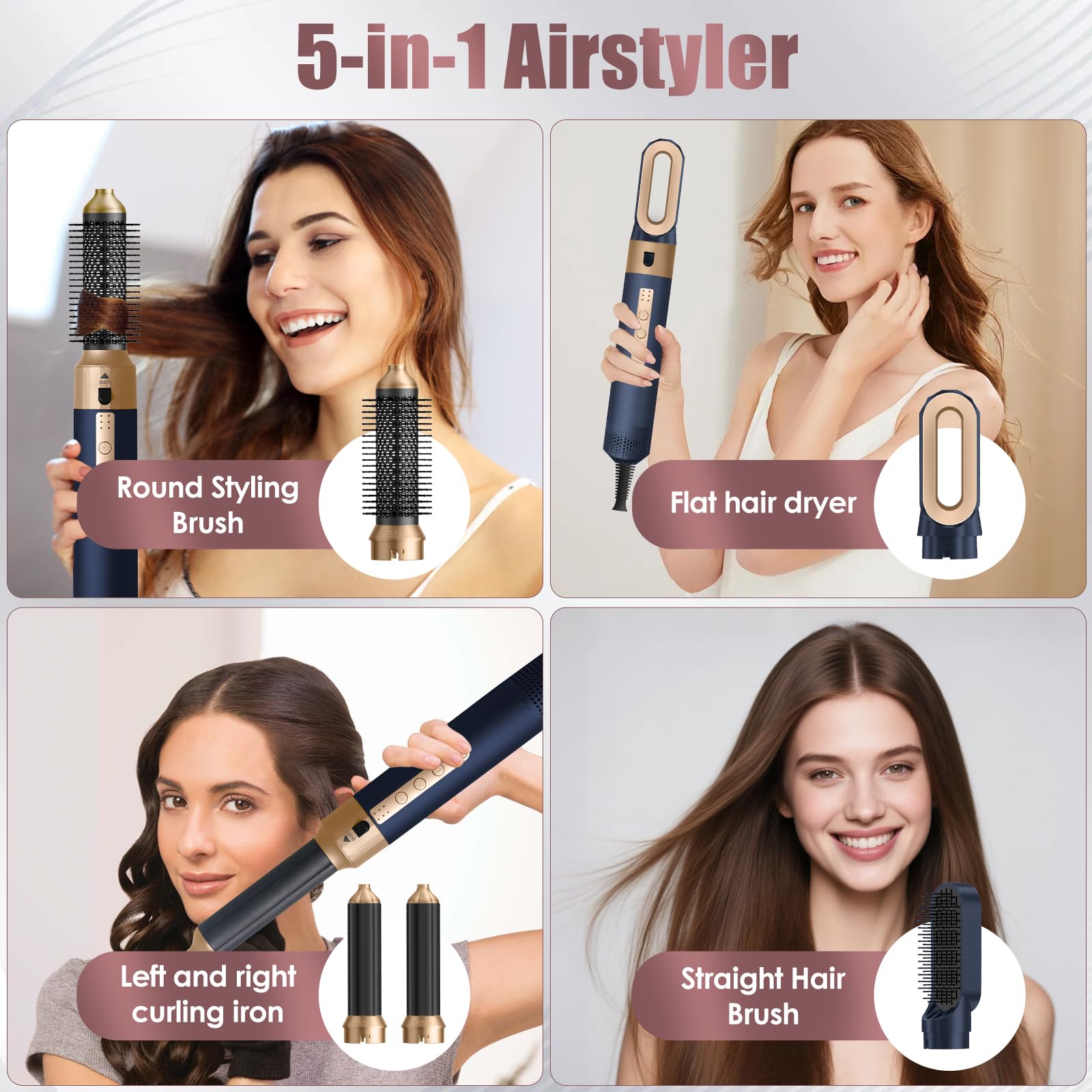 Cepillo Secador De Pelo, Air Styler 5 en 1, Cepillo de Aire 1350W | Cepillo de Aire Caliente 110000 RPM, Multifuncional Modelador, Cepillo alisador pelo para Volumen/Doblar/Suavizar/Secar