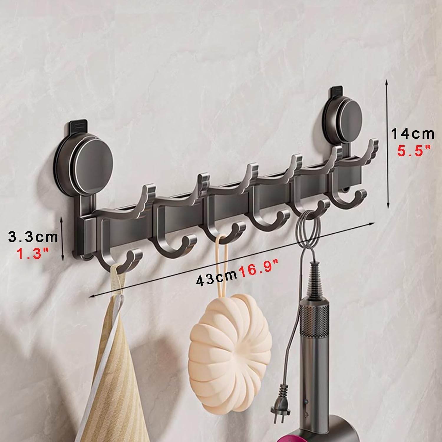 Gray Aluminum Vacuum Suction Cup Towel Holder - Single Rod with Double Hooks, Adjustable Length (L7.5-23.2") - Durable Household Towel Rack for Easy Hanging