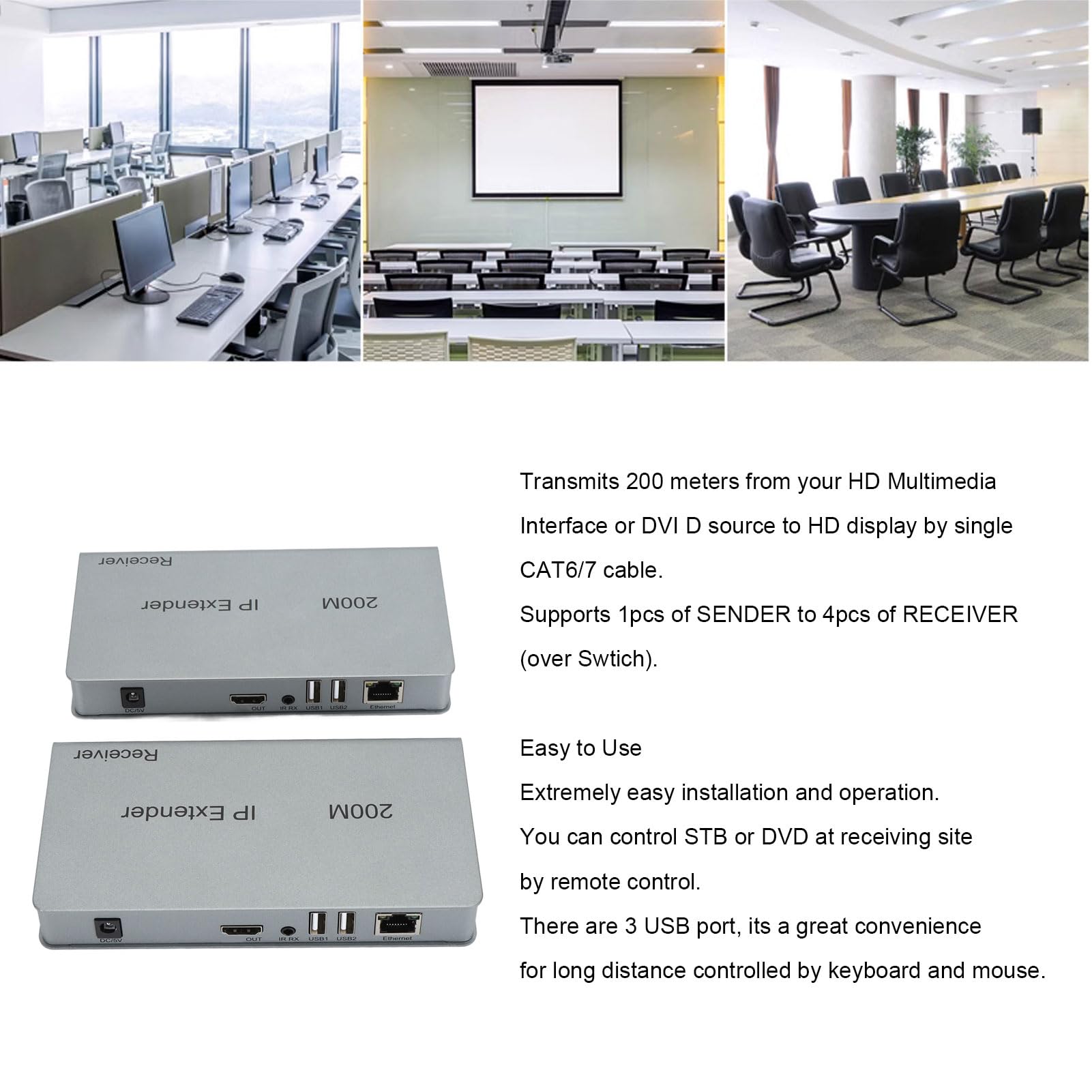 Extension IP KVM 200 M, Interface Multimédia HD KVM sur IP pour Cat5e Cat6, Contrôle USB, Matériel Pur Plug and Play, Entrée Vidéo 1080p (Prise UE)