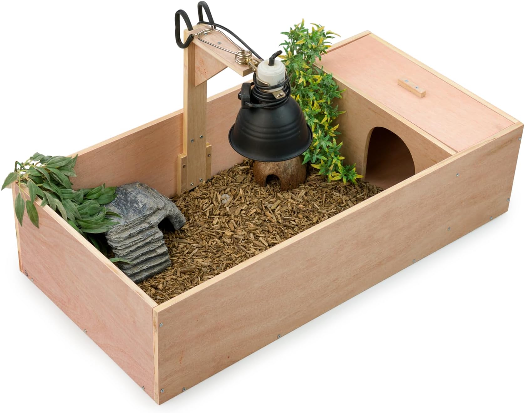 KCT Wooden Tortoise Table Reptile Vivarium Cage Hide with Open Run and Lamp Arm
