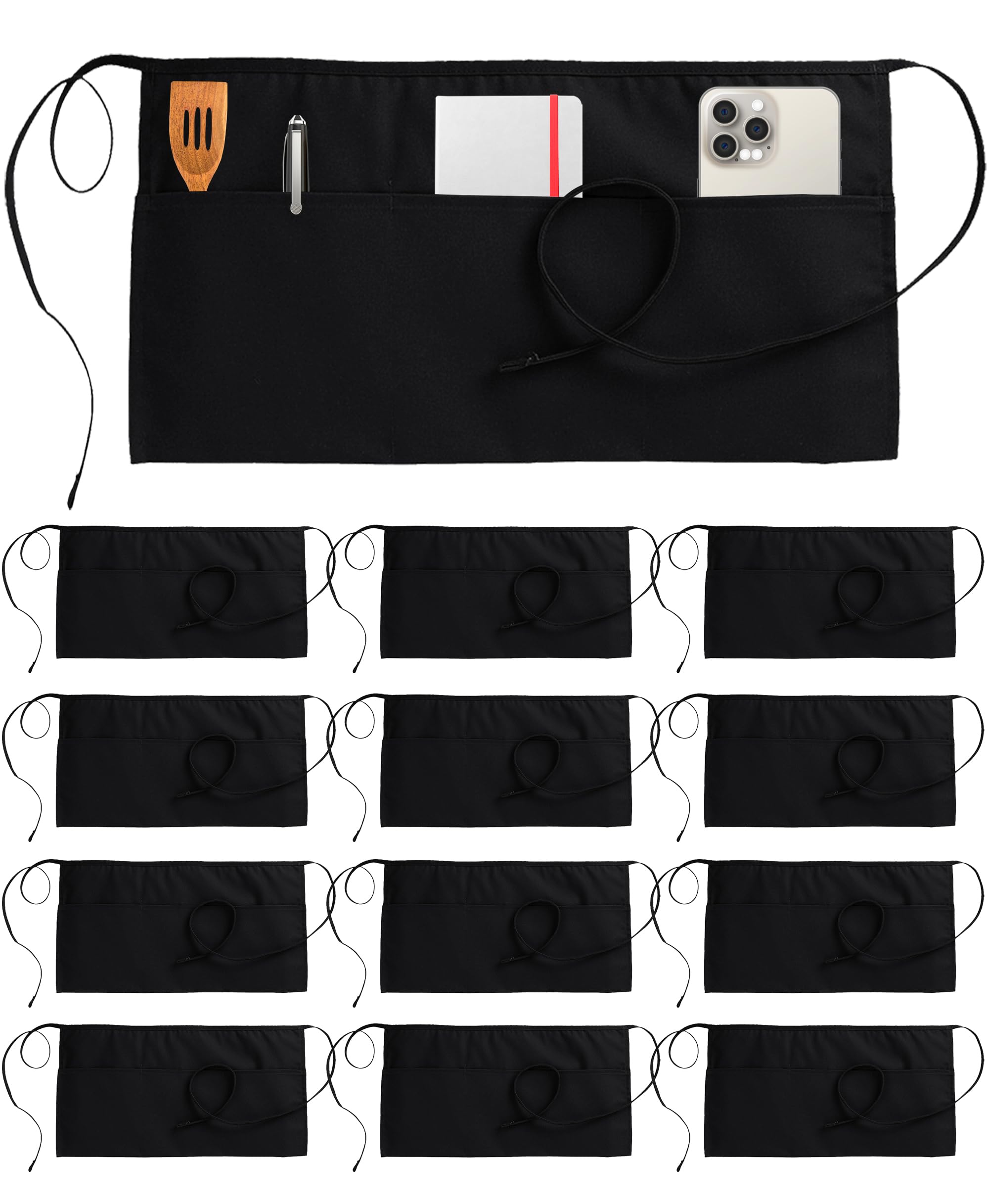 Utopia Wear 12 Pack Server Apron with 3 Pockets, Waist Apron for Waiter Waitress, 12 Inches