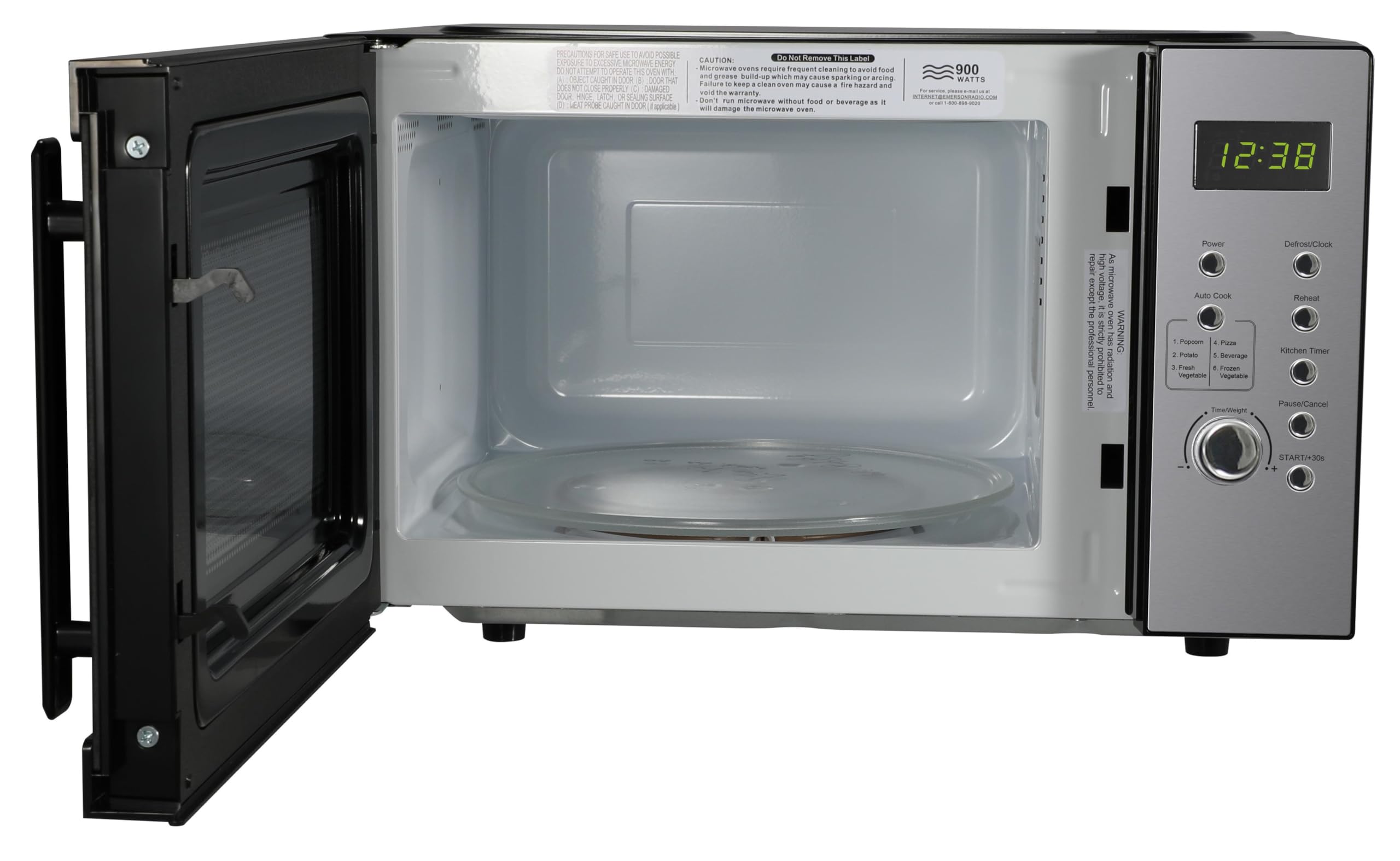 MW9005SS - Horno microondas compacto para encimera con control de botón, pantalla LED, 900 W, 5 niveles de potencia, 6 menús automáticos, plato giratorio de vidrio y cerradura segura para 4