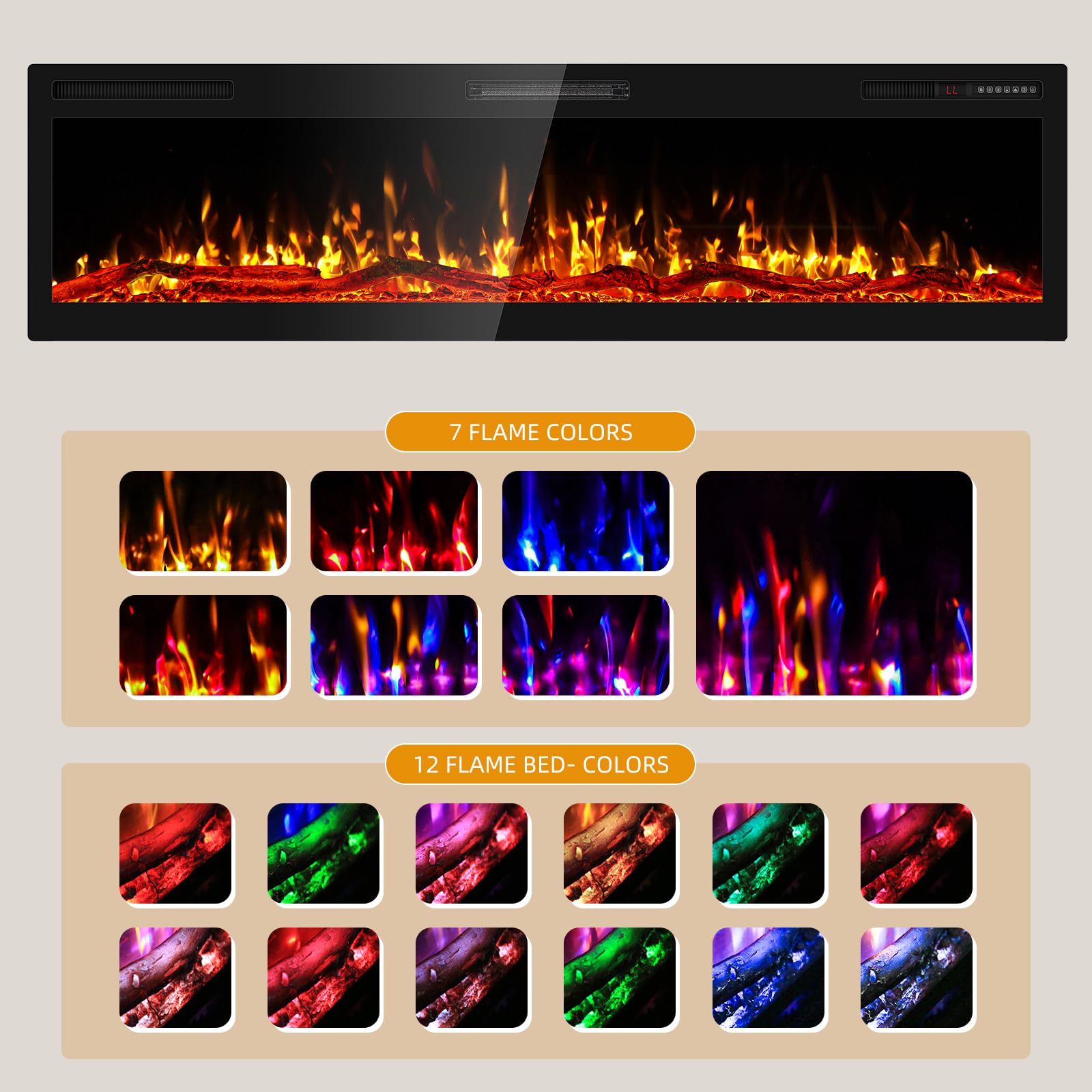 Ludatido 68 Inch Electric Fireplace Wall Mounted and Recessed with Remote Control, Color Adjustable/Realistic Flame W/Timer 1500/750W Fireplace Heater-(Pro/Log)