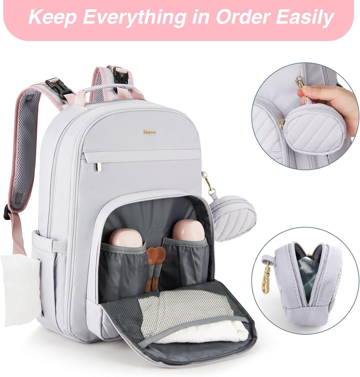 MOMUVO Diaper Bag Backpack, Quilted Baby Bag with Changing Pad and Stroller Straps and Pacifier Case, Multifunction Waterproof Travel Diaper Bags, Unisex - Image 5