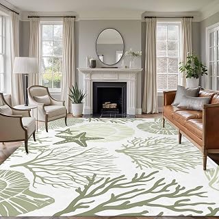 Rectangle Area Rug 6x9ft, Ocean Shell Coral Starfish Non-Slip Non-Shedding Floor Mat, Marine Life Green Washable Sturdy Carpet for Living Room Bedroom Home Decor