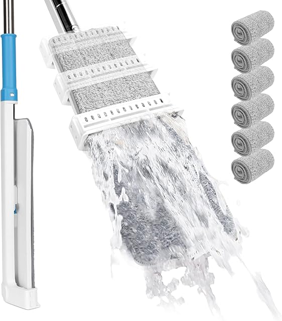 Masthome Self Wringing Mop, Floor Mops for Cleaning Laminate Hardwood Floors, Dry Wet Microfibre Flat Mop with 6 Reusable Washable Pads & 132cm Long Handle