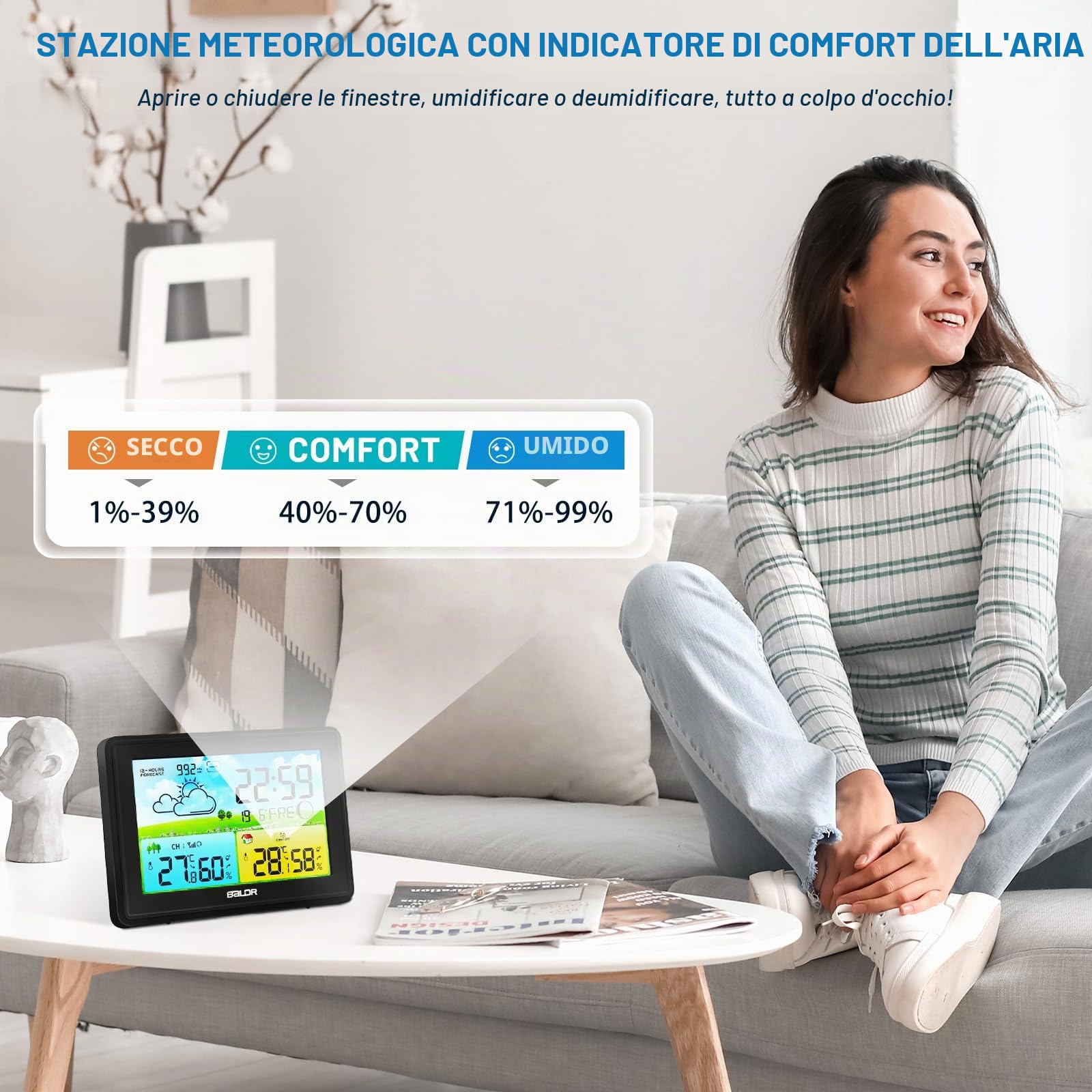 Stazione meteo radio con sensore esterno, temperatura interna ed esterna/umidità dell'aria, stazione meteo wireless con previsioni meteo, barometro e fase lunare, schermo a colori