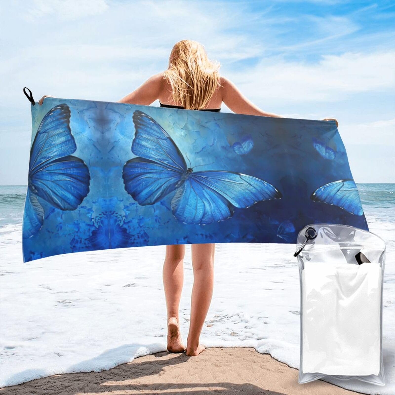DIEzig Blue Butterfly Print Beach Towel Fast Dry Thin For Holiday Vacation Cruise Gym Swimmers
