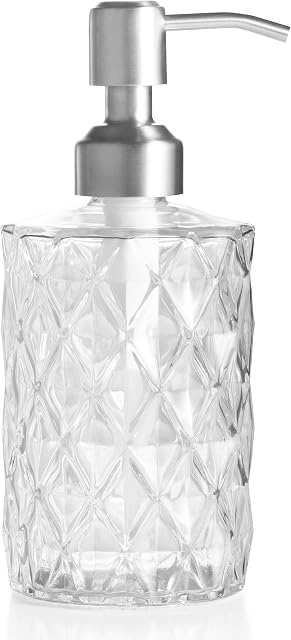 Easy-Tang Clear Glass Soap Dispenser Bathroom- Bathroom StorageRefillable Wash Hand Liquid, Dish Detergent, Shampoo Lotion Bottle 12 Oz with Brushed Nickel Pump Holder