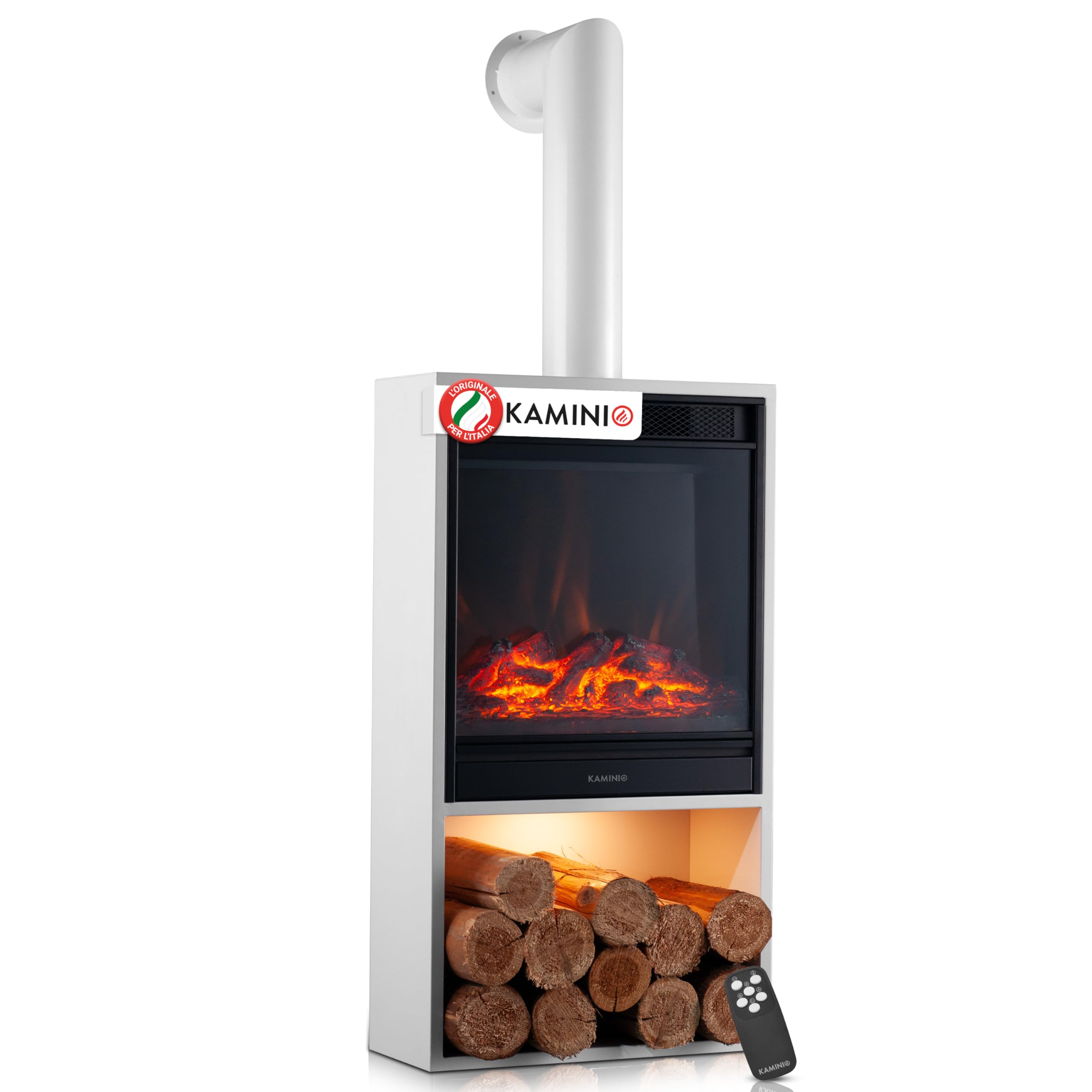 KAMINIO Camino elettrico HUGO con tubo del camino - Stufa elettrica con riscaldamento, effetto fiamma 3D, luce ambiente a LED, scomparto de legno, telecomando (Bianco)