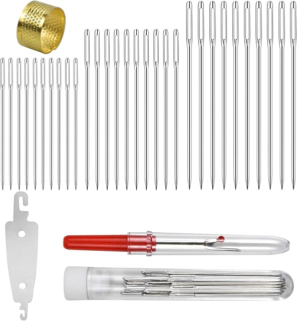 Sewing Needles Kit, Large Eye Blunt Needles,30 Pcs 3 Sizes Big Eye Stitching Needles with Threader, Thimble, Thread Folder and Storage Tube Yarn Knitting Needles for Hand DIY Crafts