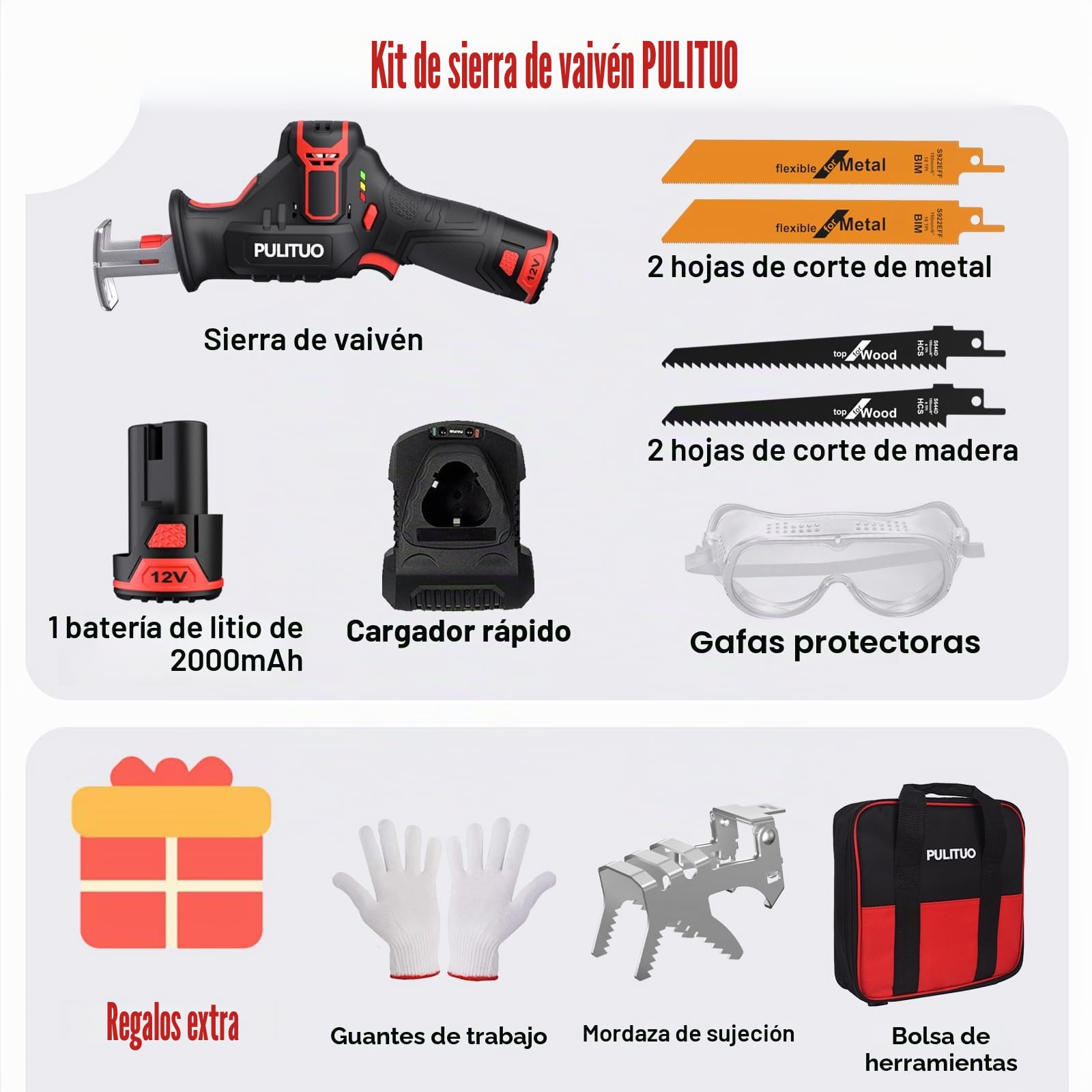 Sierra Sable Inalámbrica,PULITUO 12V Sierra Alternativa con velocidad variable 0-2700RPM,sierra recíproca kit,2.0Ah Batería&1h Cargador Rápido,4 Hojas de Sierra Para Cortar Madera y Metal