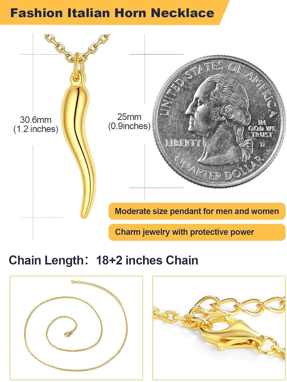 U7 Italian Horn Necklace for Men Women,Stainless Steel/Black/Gold Horn Necklace,Lucky Amulet Cornicello Pendant - Image 4