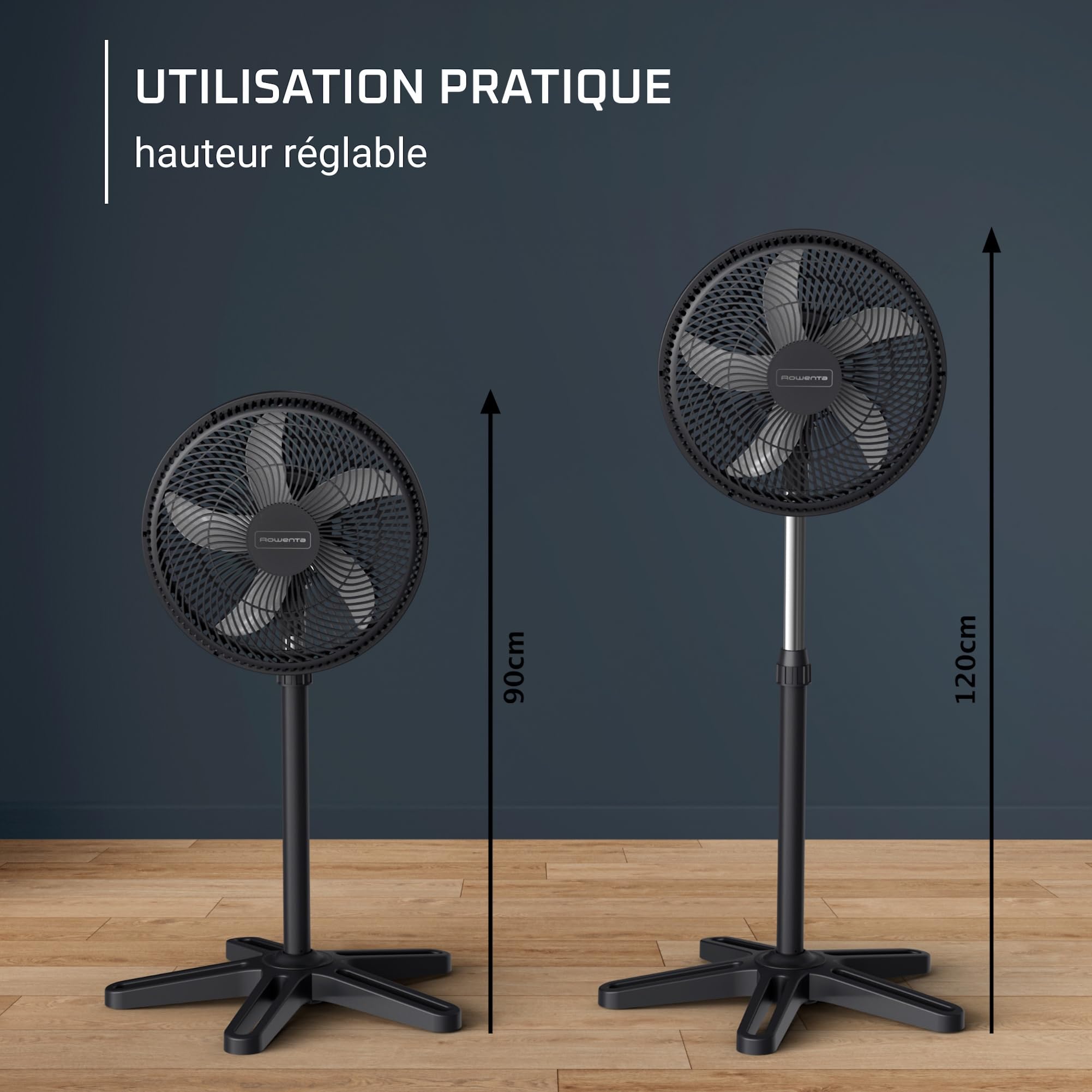 Rowenta Turbo Essential Ventilateur sur pied, Puissant, Design, Durable, Performant, Ecoconçu, 3 vitesses VU3110F3, Noir