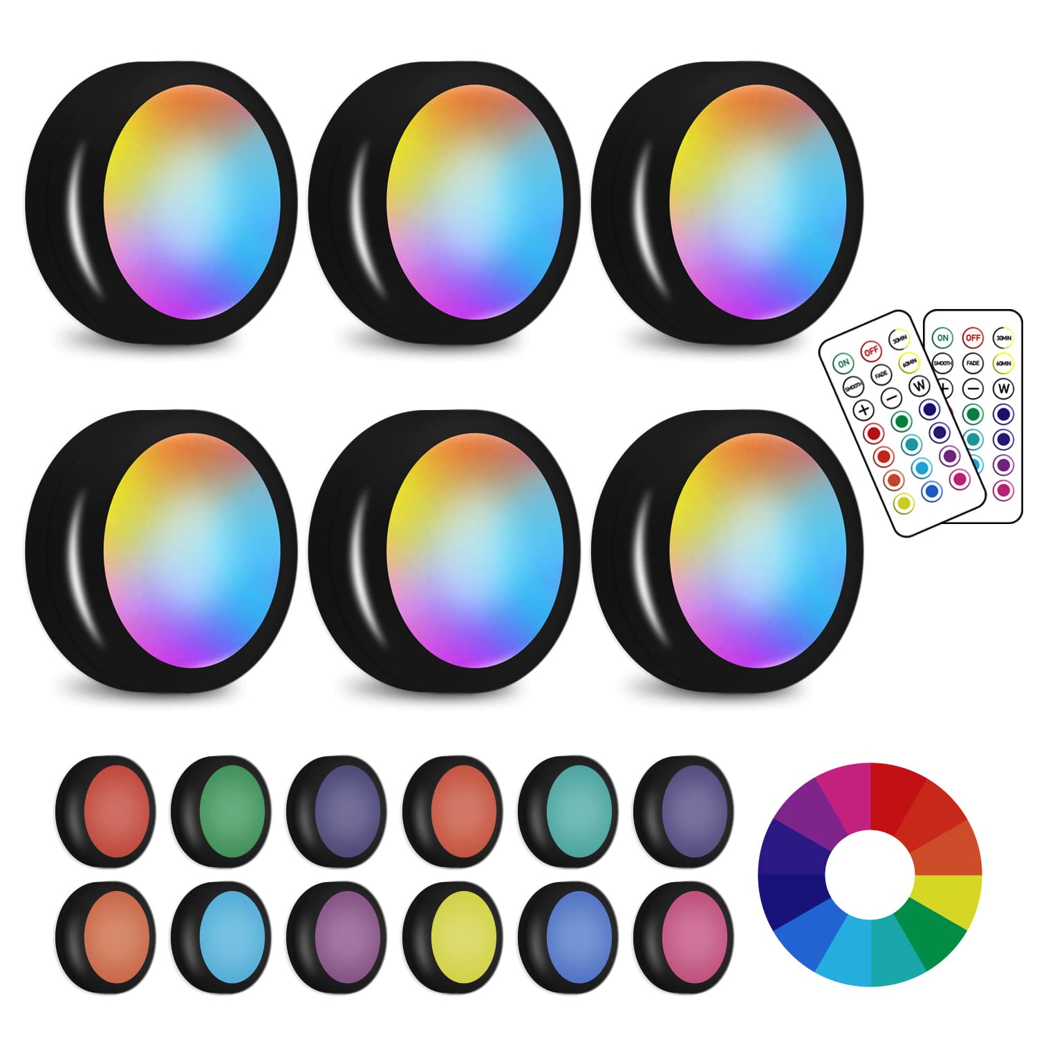 SIXDEFLY LED Puck Lights with Wireless Remote, 13 Colors RGB Dimmable Under Cabinet, Battery Powered Color Changing, Party Atmosphere for Kitchen
