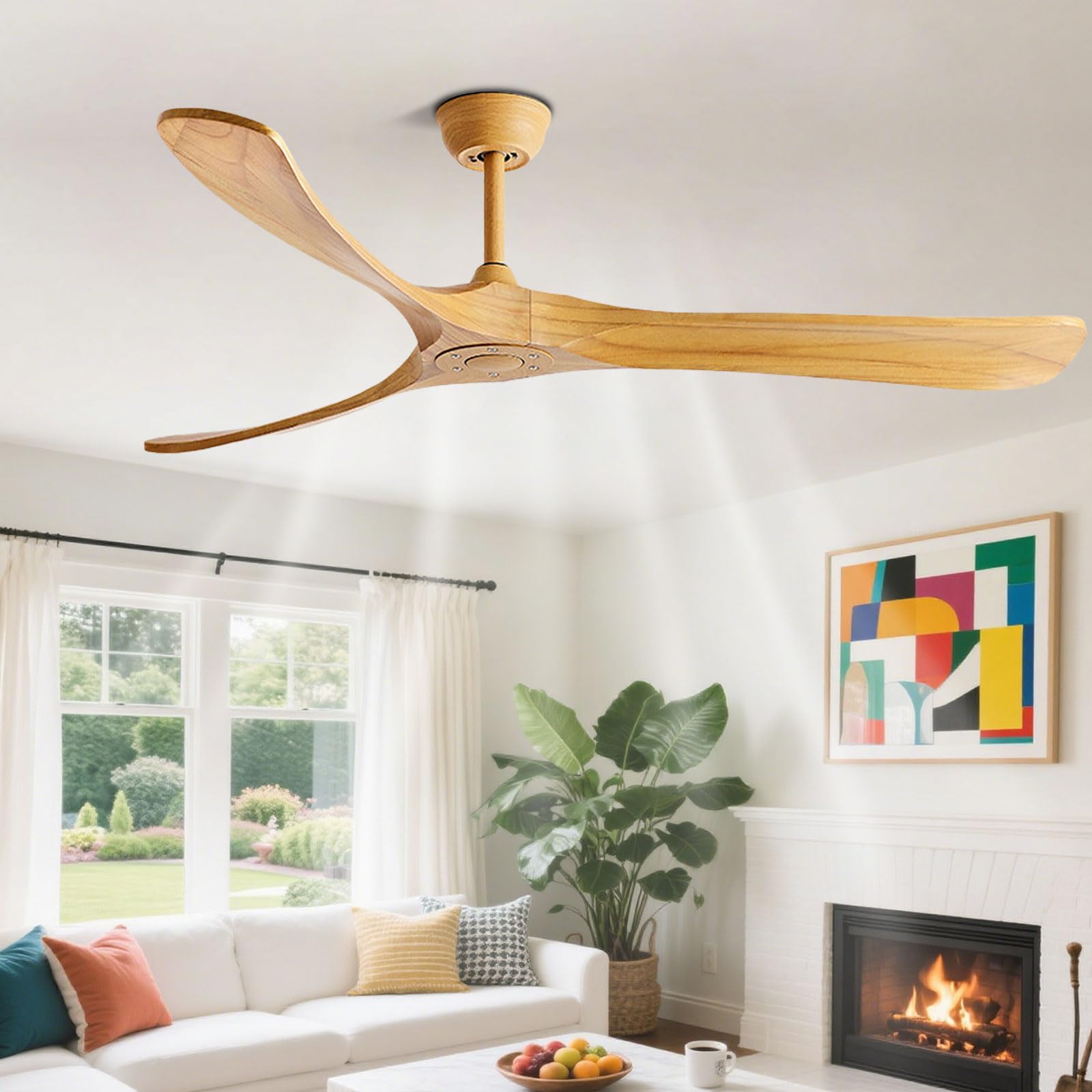 IBalody Solid Wood Ceiling Fan No Light Remote Control 6 Speed Quiet Ceiling Fans 3 Blade, Modern Indoor Ceiling Fan Without Light For Bedroom Living Room Farmhouse Porch