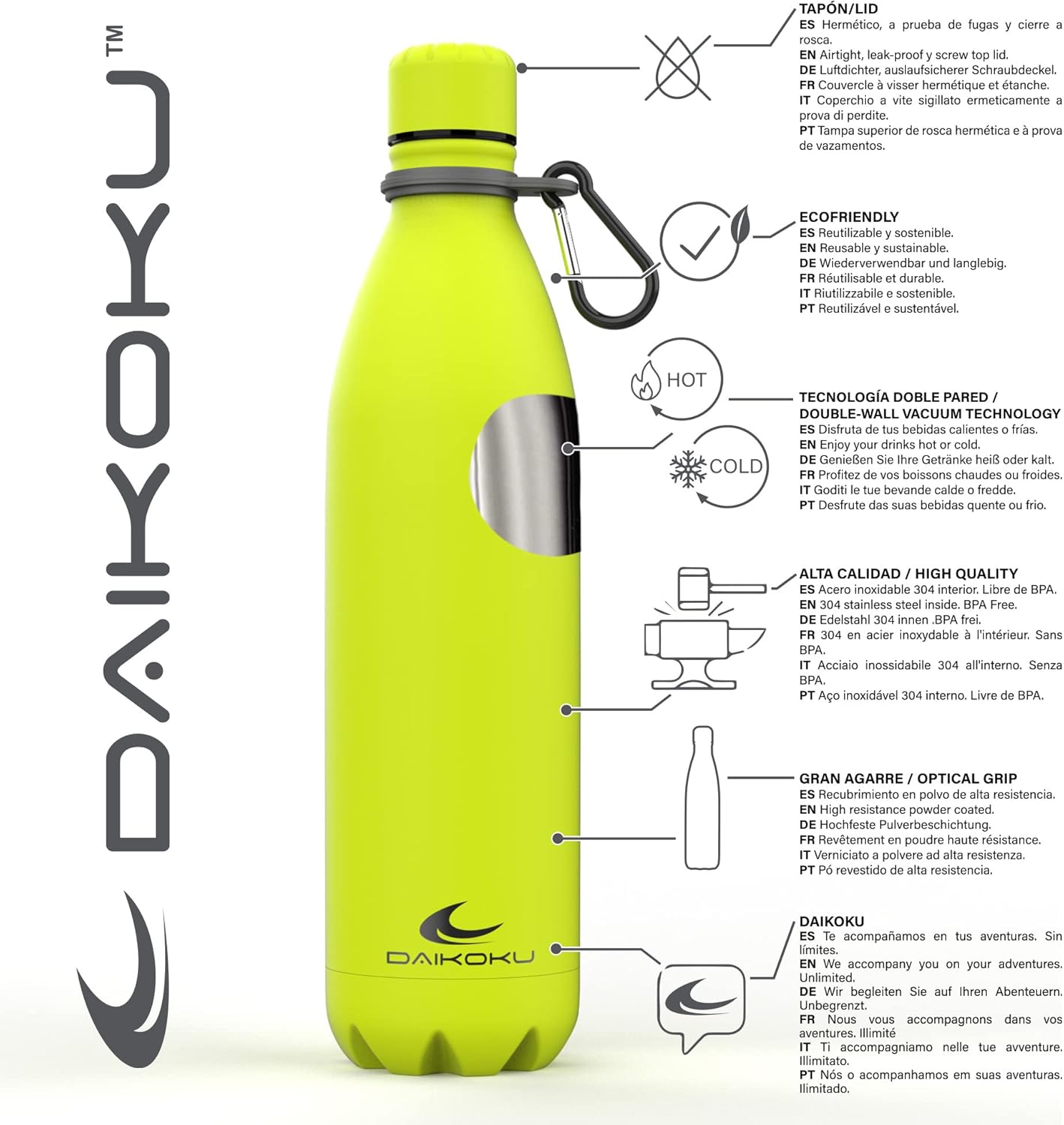 Daikoku Stainless Steel Bottle + Adjustable Strap + Carabiner, BPA Free Double Walled Thermos, Reusable Water Bottle - Image 3
