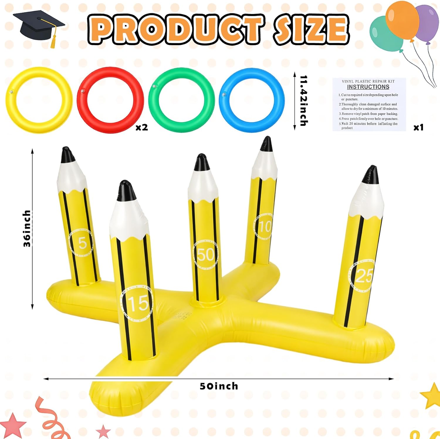 Skylety 3 ft Inflatable Pencil Ring Toss Game with 5 Colorful Rings Pool Ring Toss Toys for Family Summer Pool Birthday Party Inflatable Games Giant Outdoor Lawn & Yard