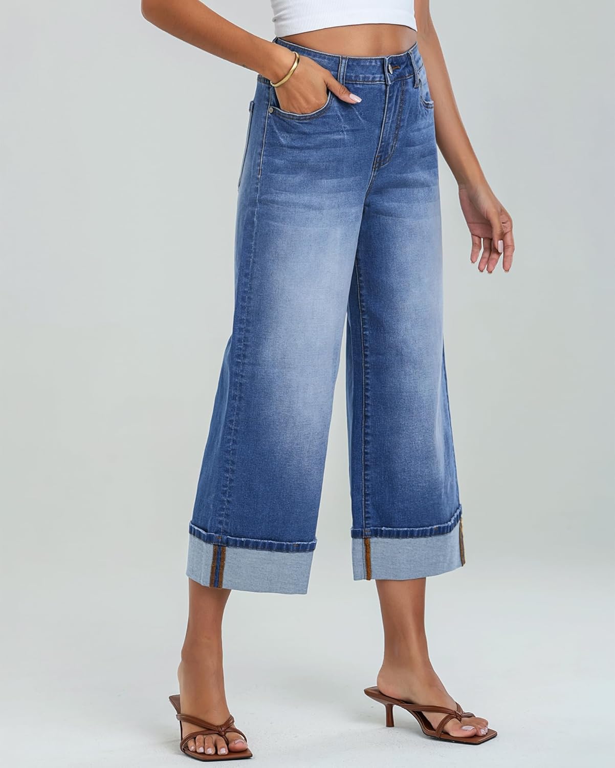 LookbookStore Capris Jeans for Women Wide Leg High Waisted Casual Summer Roll Hem Cropped Stretch Denim Jean Capri Pants - Image 3