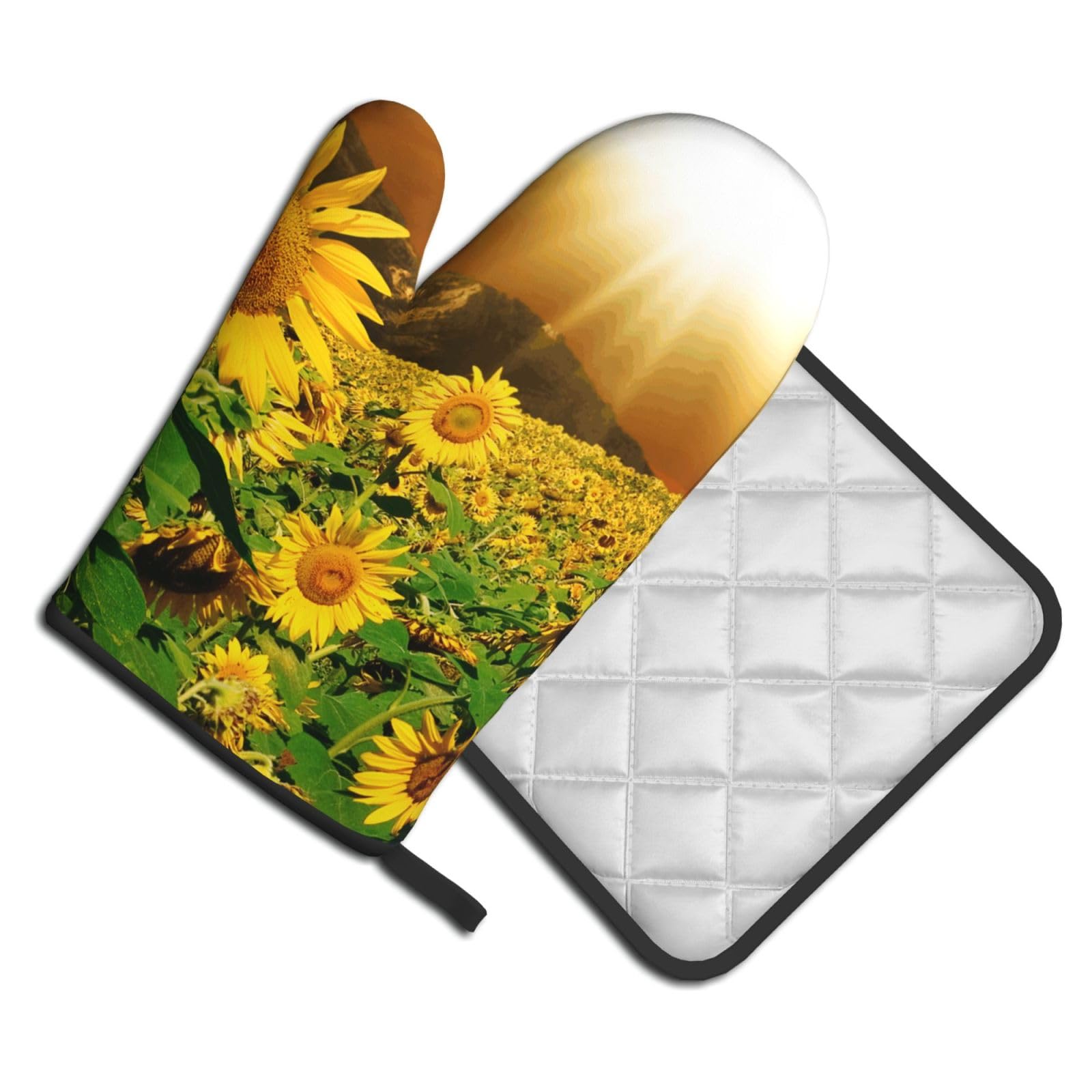 Oven Mitts and Pot Holders Set of 2 Pcs, Yellow Sunflower Blooming Printed Heat Resistant Kitchen Gloves Potholders for Cooking Baking Grilling