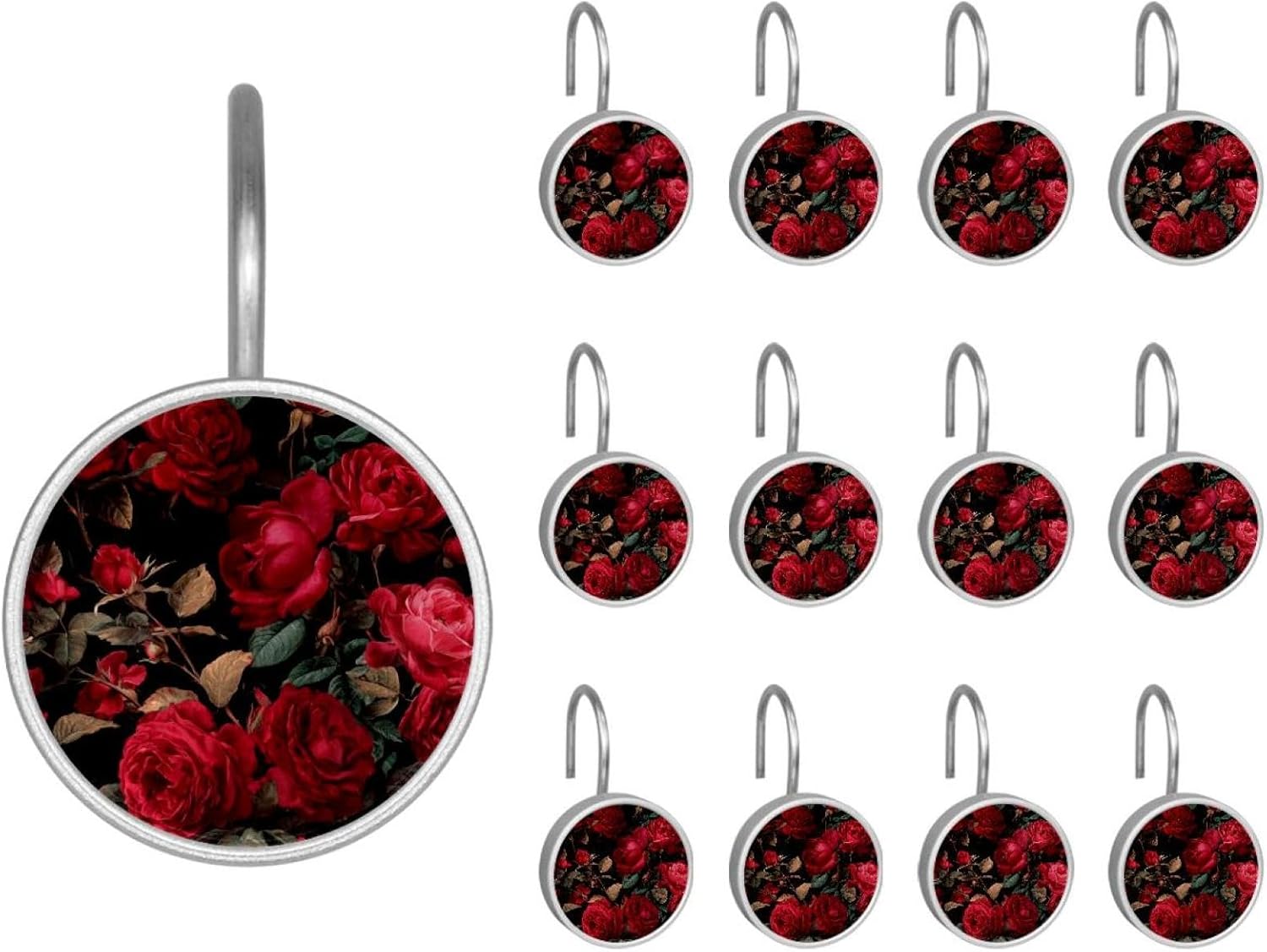 Floral Flower Red Roses (9) Crystal Glass Shower Curtain Hooks Rings Decorative Bathroom Decor - Set of 12