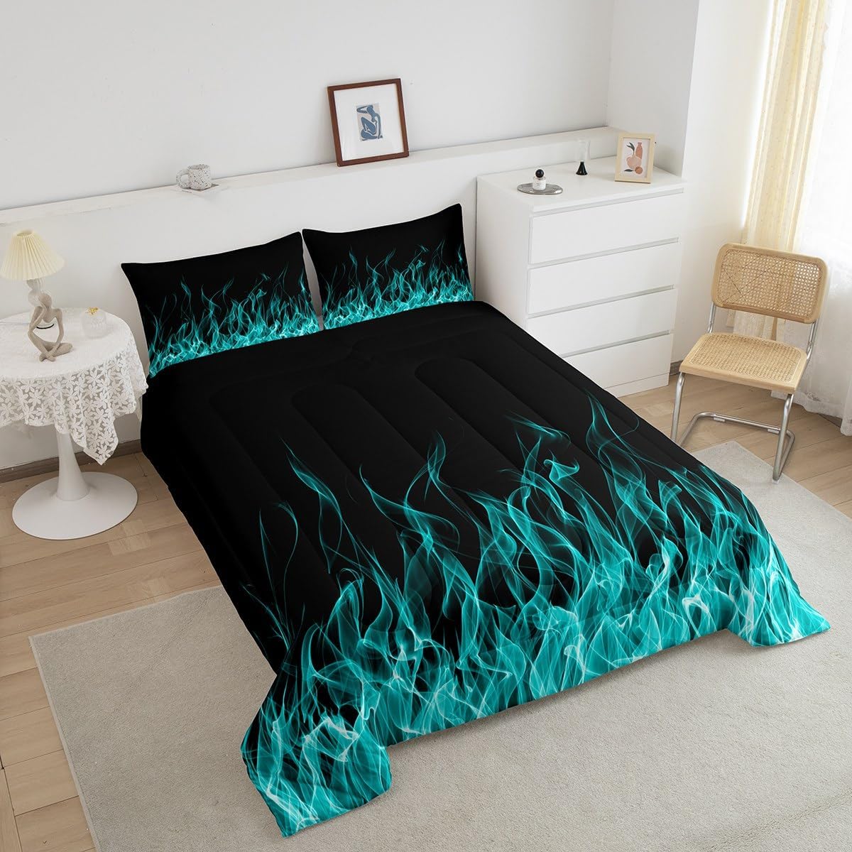 Feelyou Flame Bedding Bed Set Kawaii Decor Comforter Set for Kids Boys Women Teal Flame Comforter Chic Quilt with 1 Pillowcase 2Pcs Bedding Twin