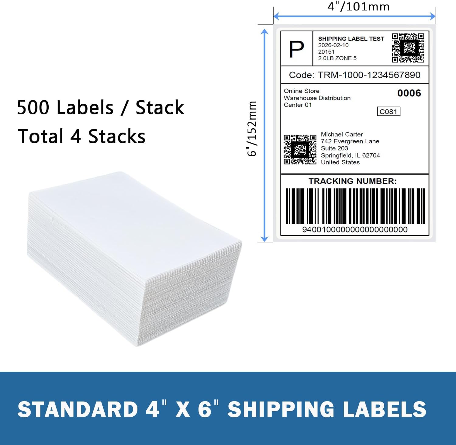 4 x 6 Thermal Shipping Labels 2000 Labels Fanfold Direct Thermal Printer Paper Commercial Grade Thermal Printer Sticker Perforated Thermal Printer Labels, 4 Stacks