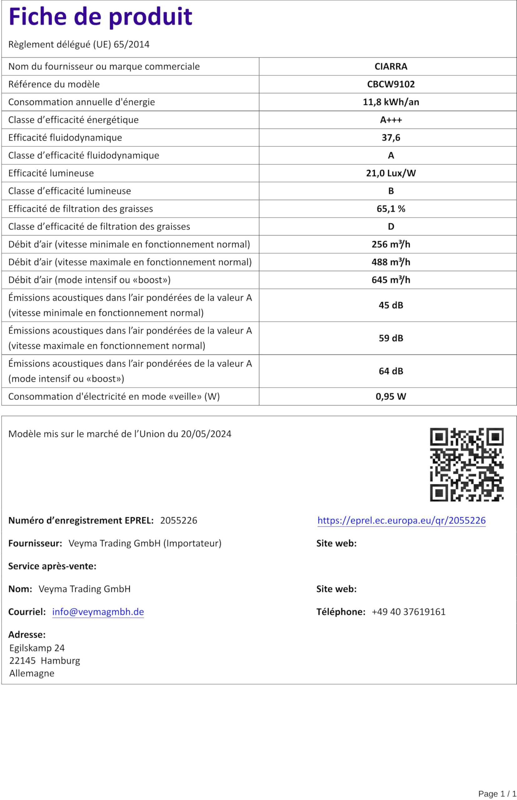 Hotte Aspirante CIARRA 90cm - 650 M³/h - Classe A+++ - Silencieuse - Commandes Tactiles Et Wi-Fi
