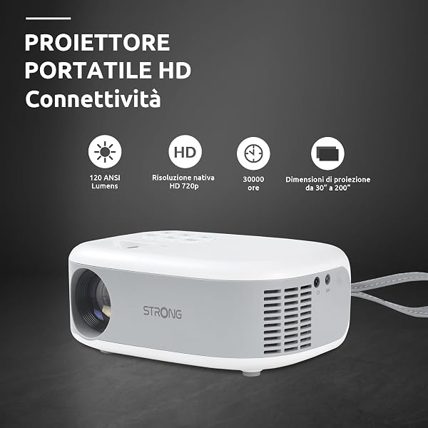 STRONG - N1 Mini Projector - Full HD 1080p compatible 720p resolution - 120 ANSI Lumens - Projection distance from 0.9 to 6.2m - HDMI/USB/AV connectivity + Audio output - White - 2
