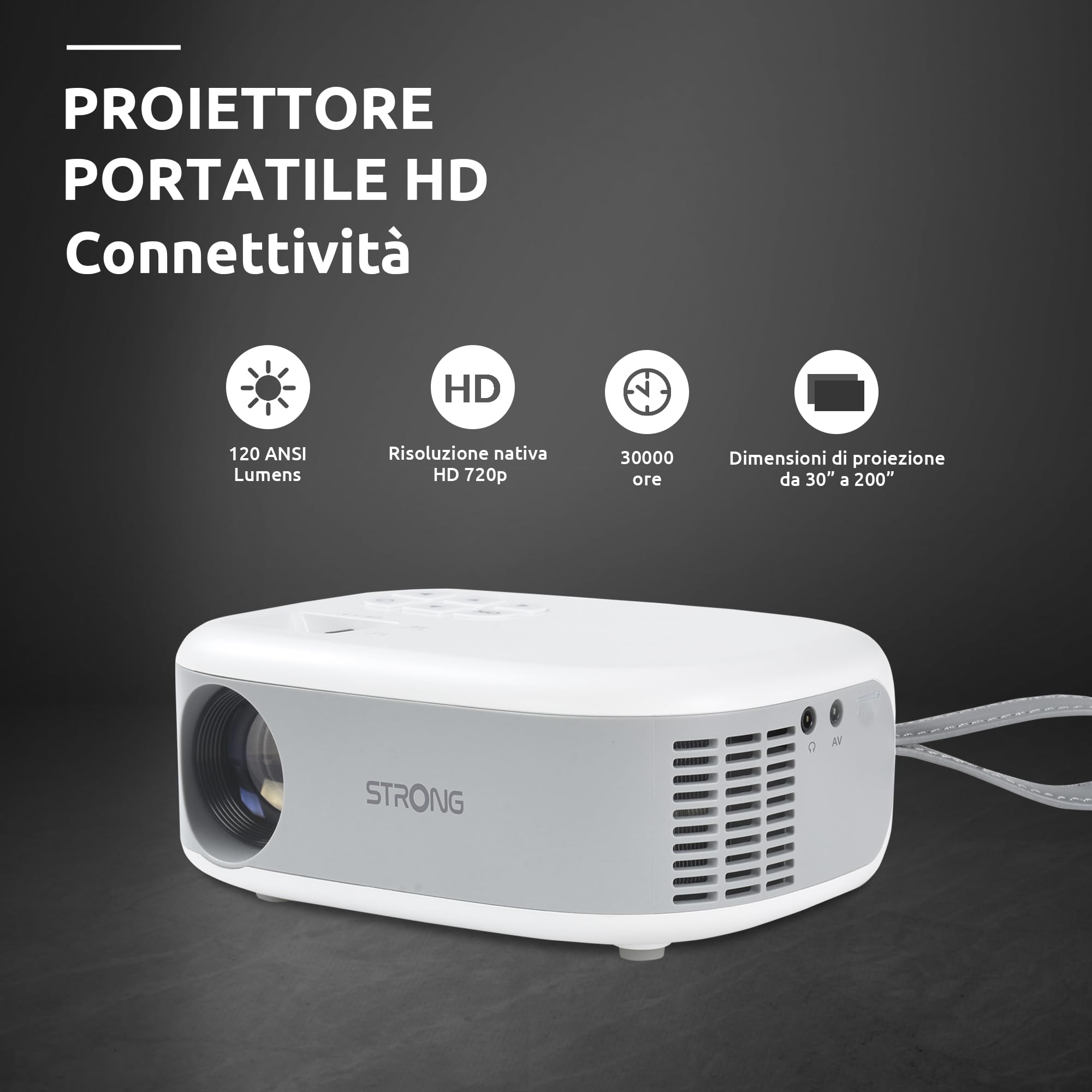 STRONG - Mini proiettore N1 - Risoluzione HD 720p compatibile Full HD 1080p - 120 ANSI Lumens - Distanza di proiezione da 0,9 a 6,2 m - Connettività HDMI/USB/AV + Uscita audio - Bianco