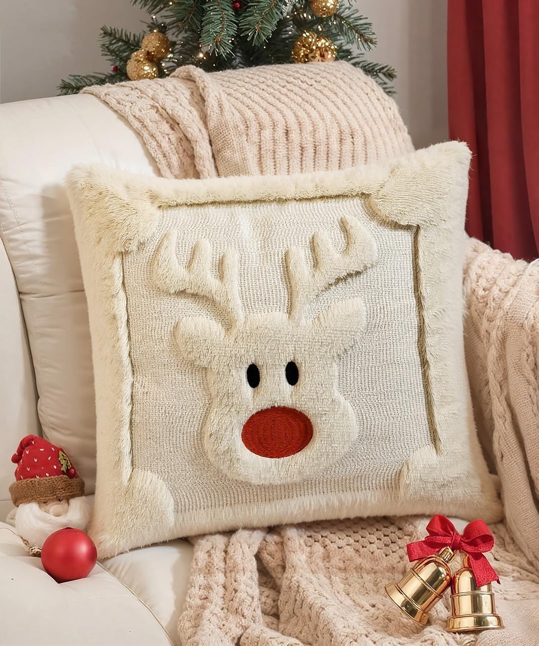 Christmas Pillow Covers Set of 2 Soft Plush Faux Fur Pillow Cases 3D Embroidered Decorative Couch Cover Home Decor Christmas Throw Pillow Covers 20x20,Beige Reindeer