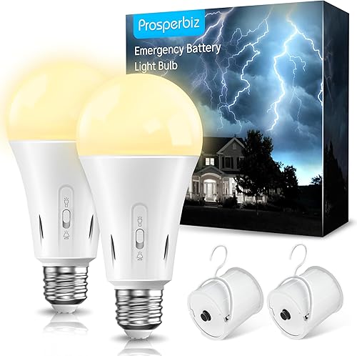 Prosperbiz Bombilla de luz a pilas, bombilla recargable de emergencia para cortes de energía, bombillas estándar A21 9W E26, 3000 K, blanco suave,