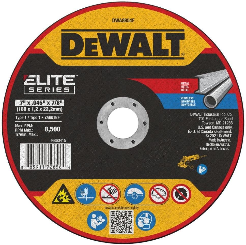 DEWALT 7 X 0.045 X 7/8 ELITE T1 Cut Abrasive Wheel, Aluminum Oxide, Medium Grit, Gray, Compatible with Angle Grinder and Die Grinder