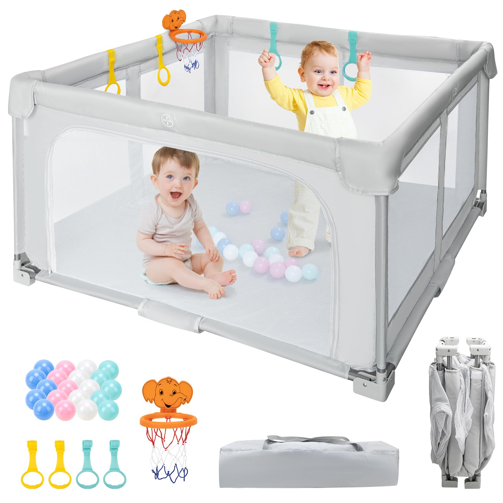 Parc Bebe Pliable 127x127cm - Parc Bébé for Indoor & Outdoor Baby Playpen Avec Portable Avec Sac de Voyage, 20 Boules Océaniques et 4 Poignées