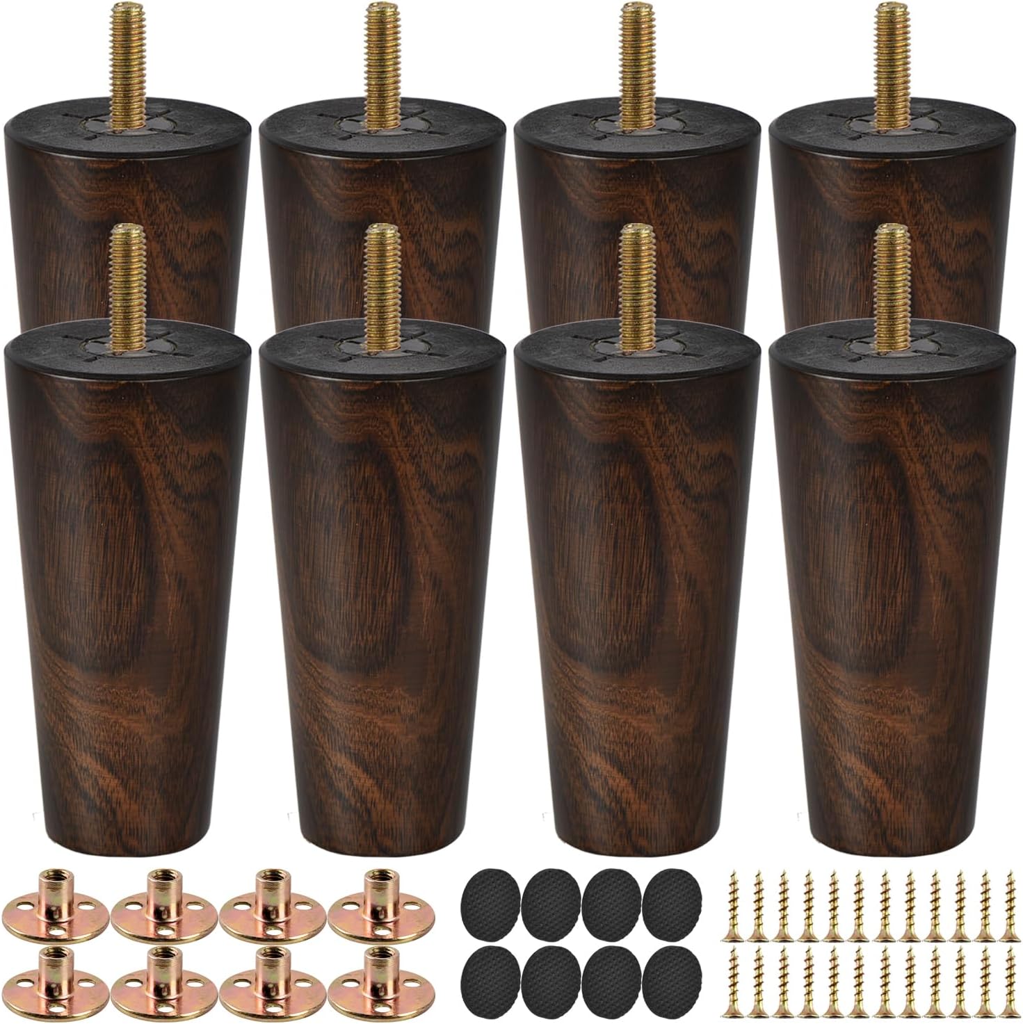 6 inch / 15cm Wooden Furniture Legs, Set of 8 Solid Wood Tapered Sofa Legs Couch Feets with Hanger Bolt, Mid-Century Modern Replacement Feet for DIY Cabinet Cupboard Chair Ottoman Wenge